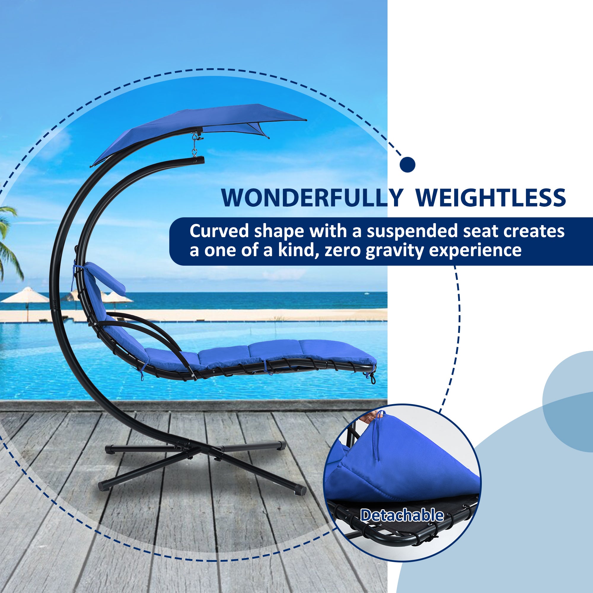 Hanging Chaise Lounger with Removable Canopy, Outdoor Swing Chair with Built-in Pillow, Hanging Curved Chaise Lounge Chair Swing for Patio Porch Poolside, Hammock Chair with Stand (Blue)