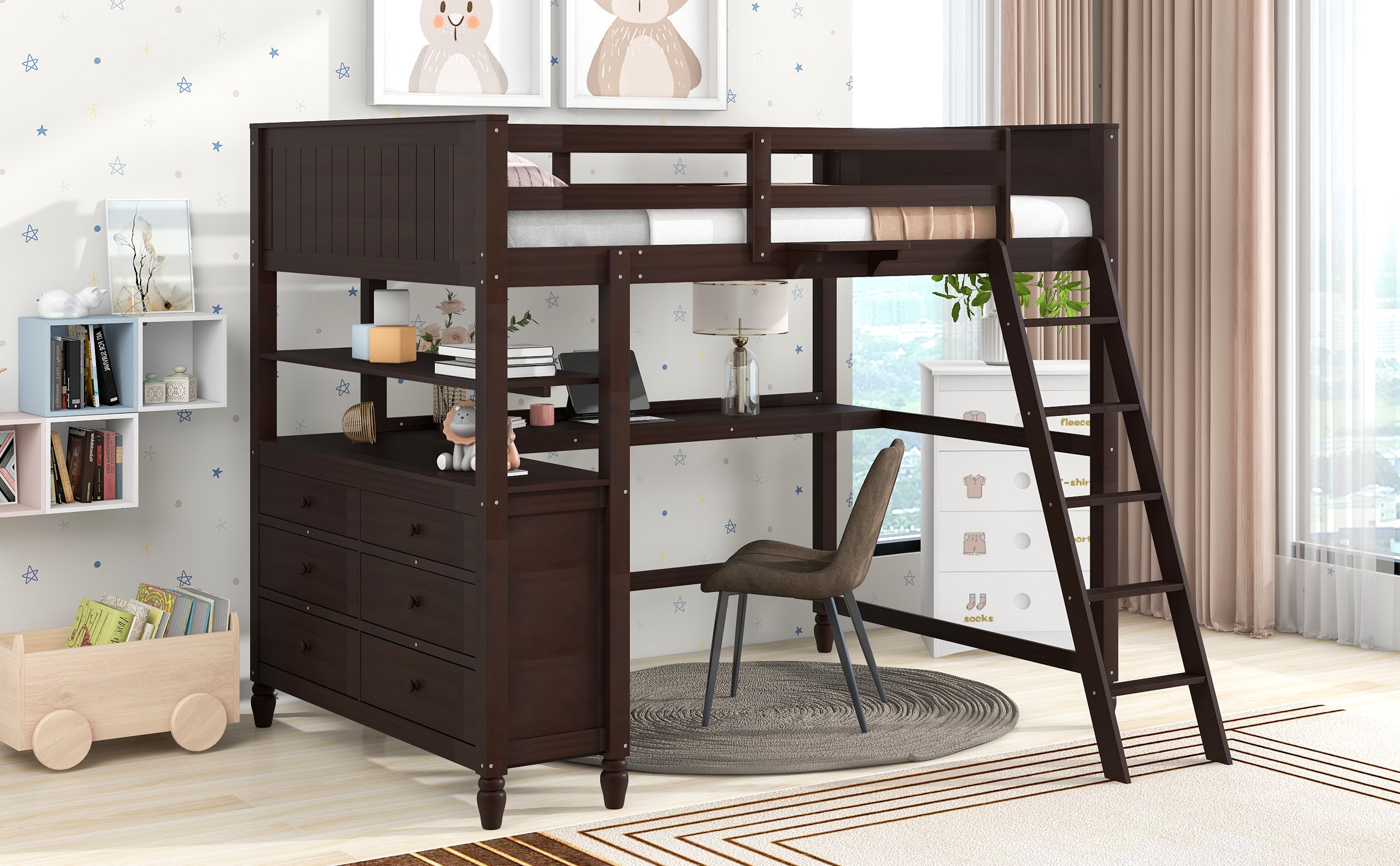 Full size Loft Bed with Drawers and Desk, Wooden Loft Bed with Shelves - Espresso(OLD SKU:LT001529AAP)