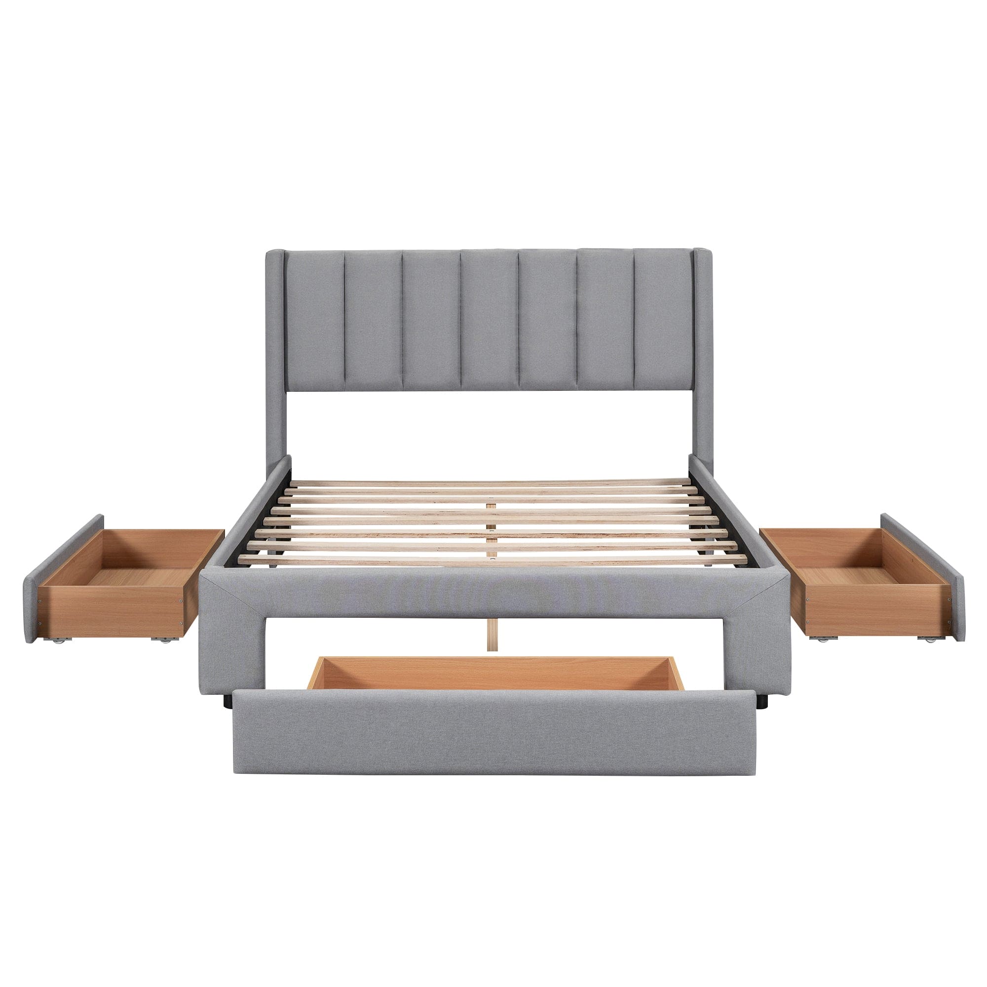 Full Size Upholstered Platform Bed with One Large Drawer in the Footboard and Drawer on Each Side,Gray