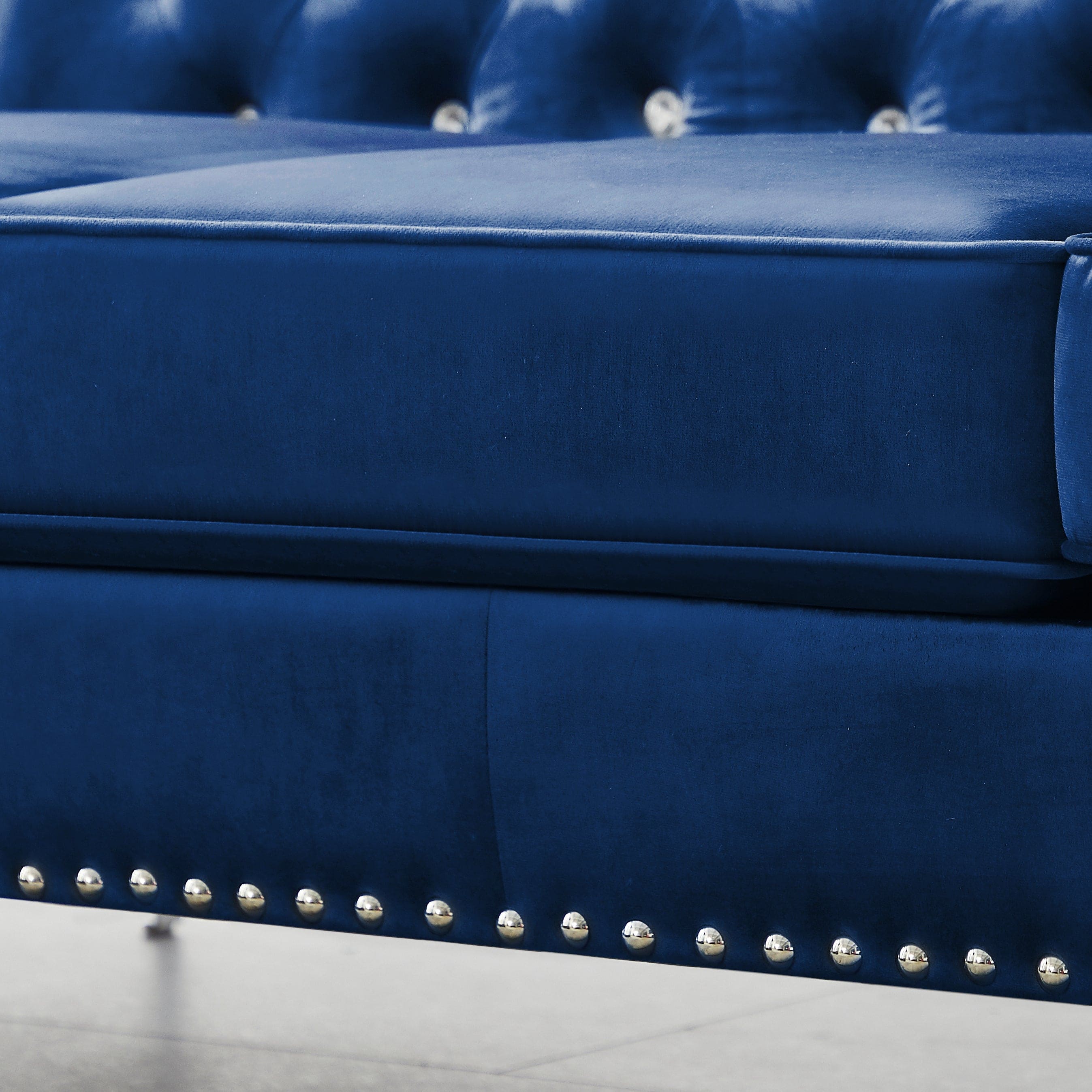 59.4 Inch Wide Blue Velvet Sofa with Jeweled buttons,Square Arm ,2 Pillows