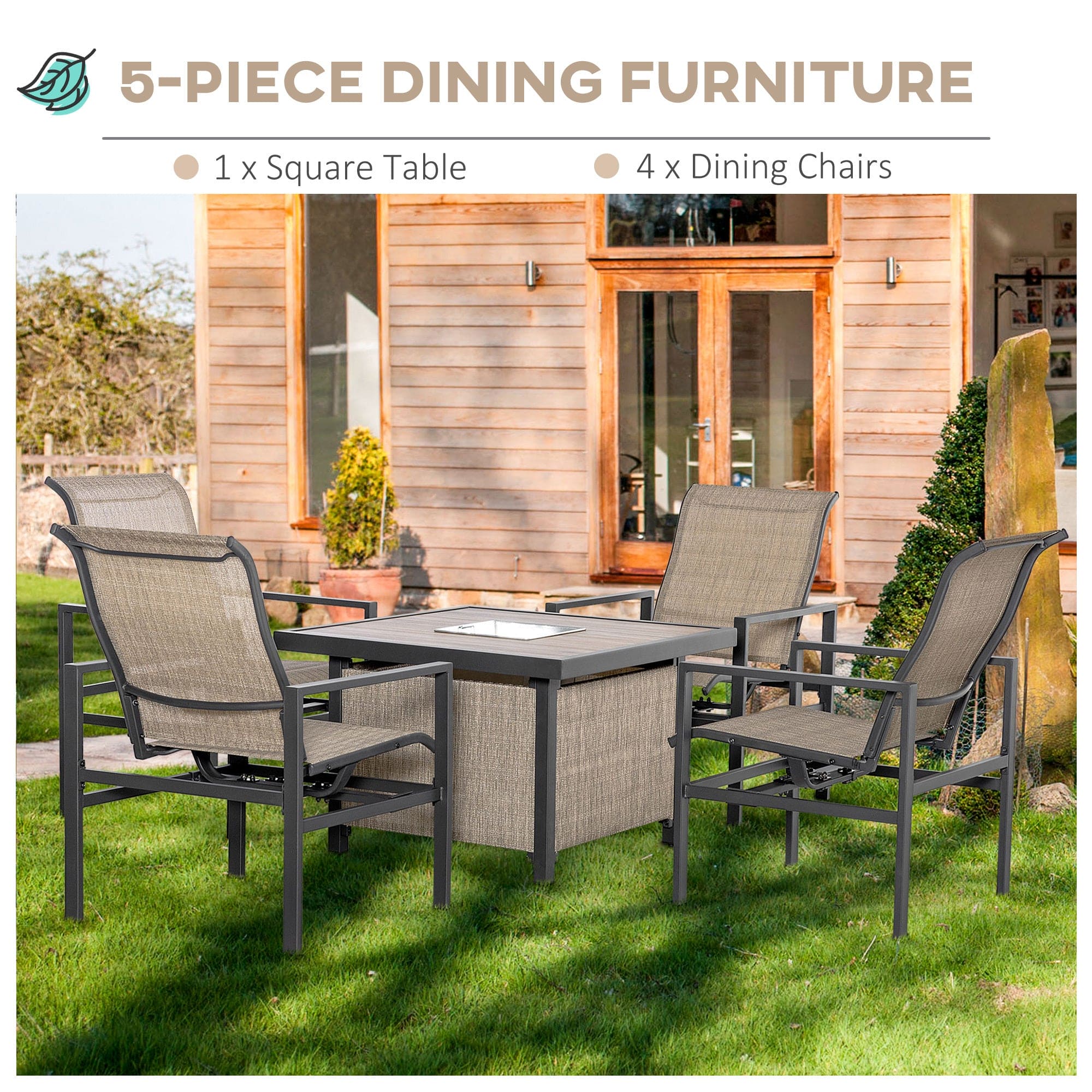 Outsunny 5 Piece Garden Patio Dining Set, Steel, Outdoor Conversation Set, Square Dinner Table with Built-in Ice Bucket Insert, 4 Rocking Chairs for Garden, Lawn, Backyard, Beige