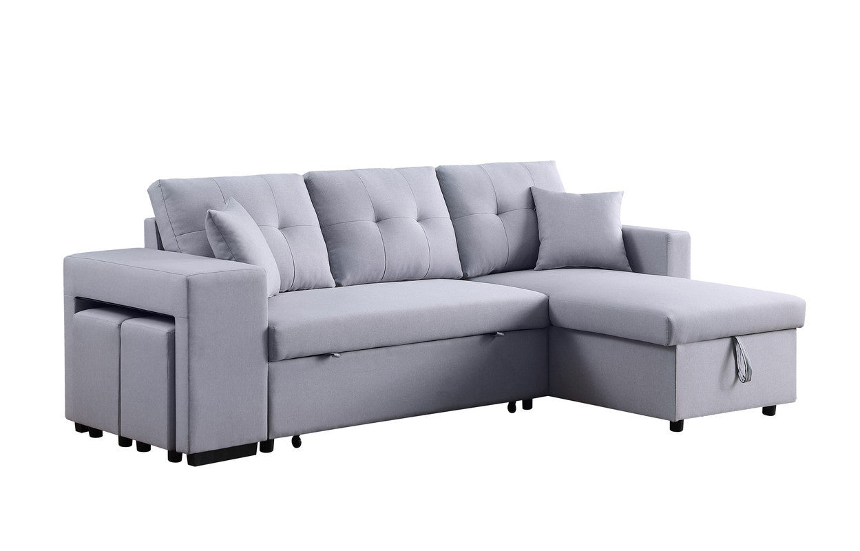 Dennis Light Gray Linen Fabric Reversible Sleeper Sectional with Storage Chaise and 2 Stools