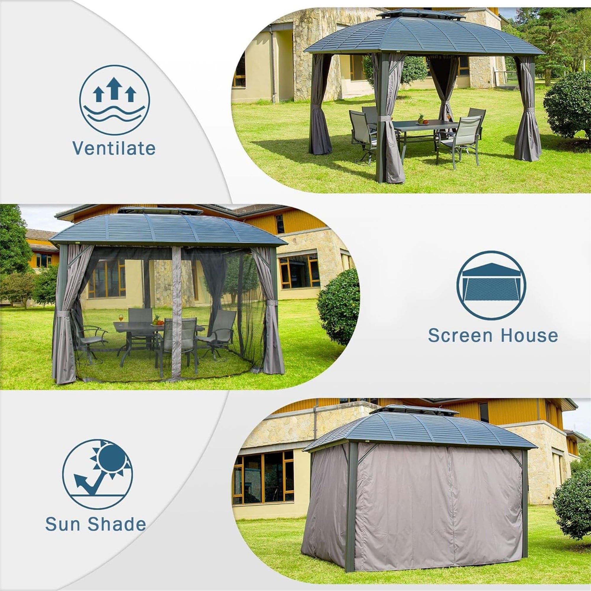 Outdoor Gazebo 10'x12', Permanent Hardtop Gazebo with Aluminum Frame for Patios Deck Backyard, Galvanized Steel Double Roof, Curtains and Netting for Lawns, Garden, Poolside