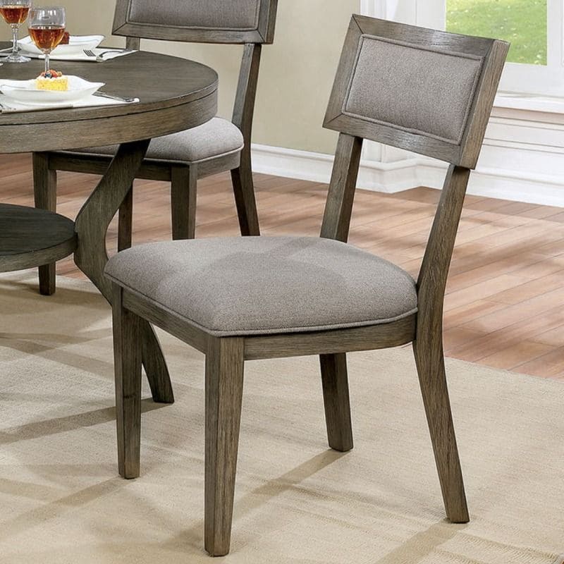 Rustic Grey Solid wood 5pc Dining Set Round Dining Table w Shelf And 4sx Side Chairs Dining Room Furniture Fabric Upholstered Seat