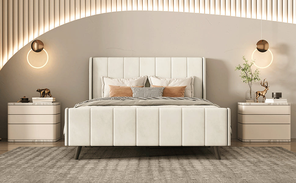 Full Size Upholstered Platform Bed, Velvet, Beige