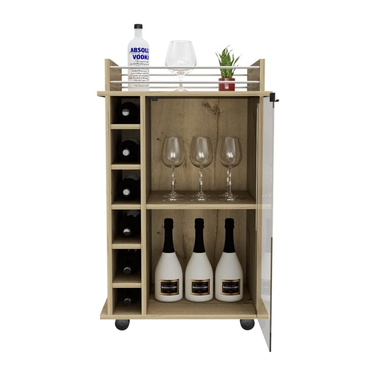 Bar Cart Baltimore, Two Tier Cabinet With Glass Door, Six Wine Cubbies, Light Oak Finish