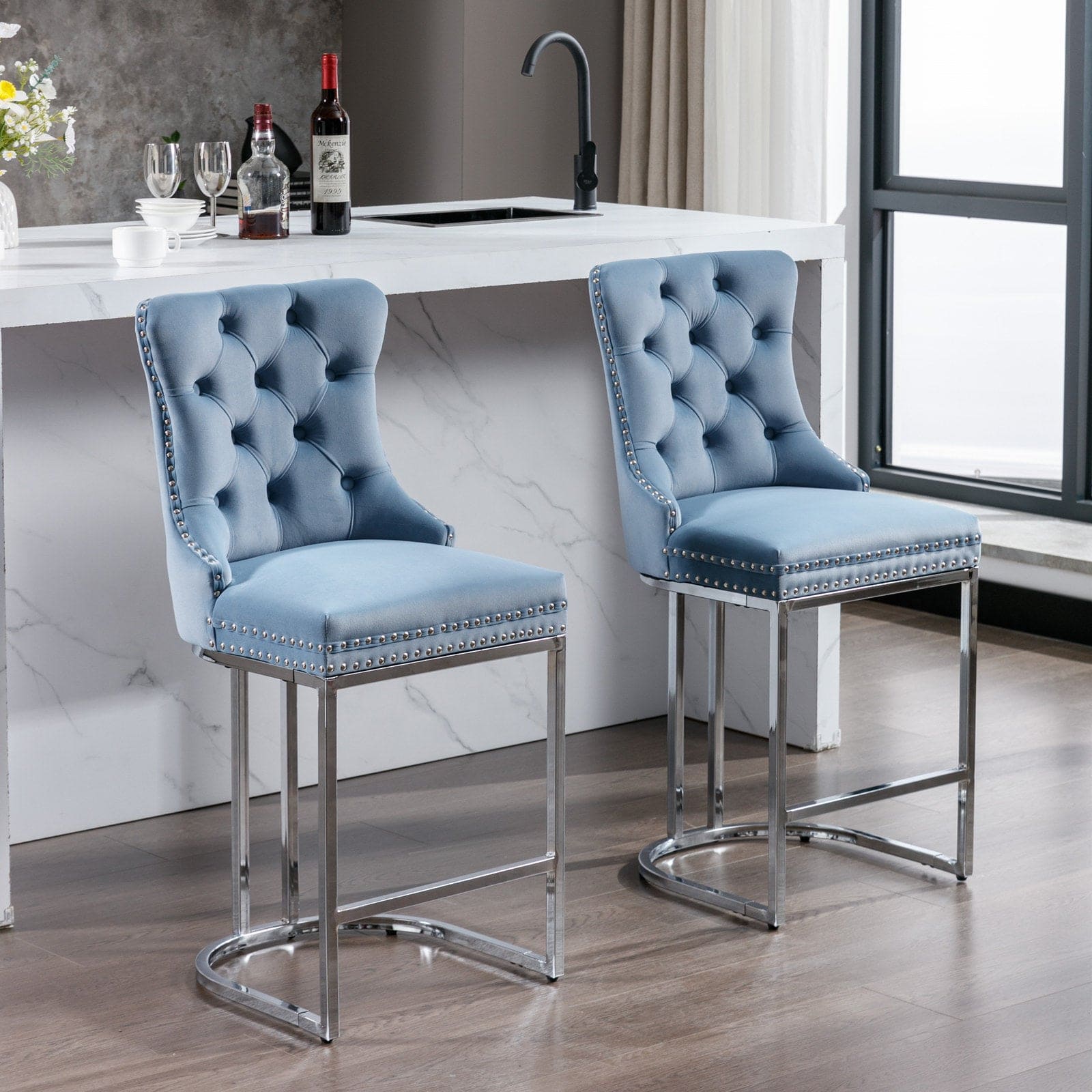 26" Counter Height Bar Stools Set of 2, Modern Velvet Barstools with Button Back&Rivet Trim Upholstered Kitchen Island Chairs with Sturdy Chromed Metal Base Legs Farmhouse Bar Stools,Light Blue,2 Pack