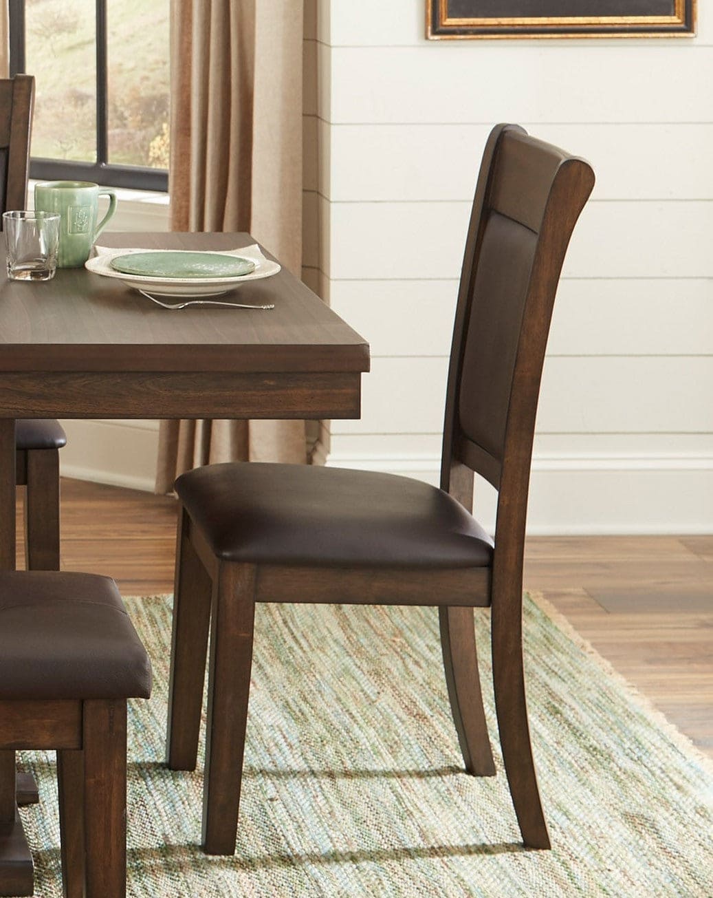 Transitional 6pc Dining Set Table with Self-Storing Leaf Bench Upholstered 4x Side Chairs Light Rustic Brown Finish Dining Room Furniture