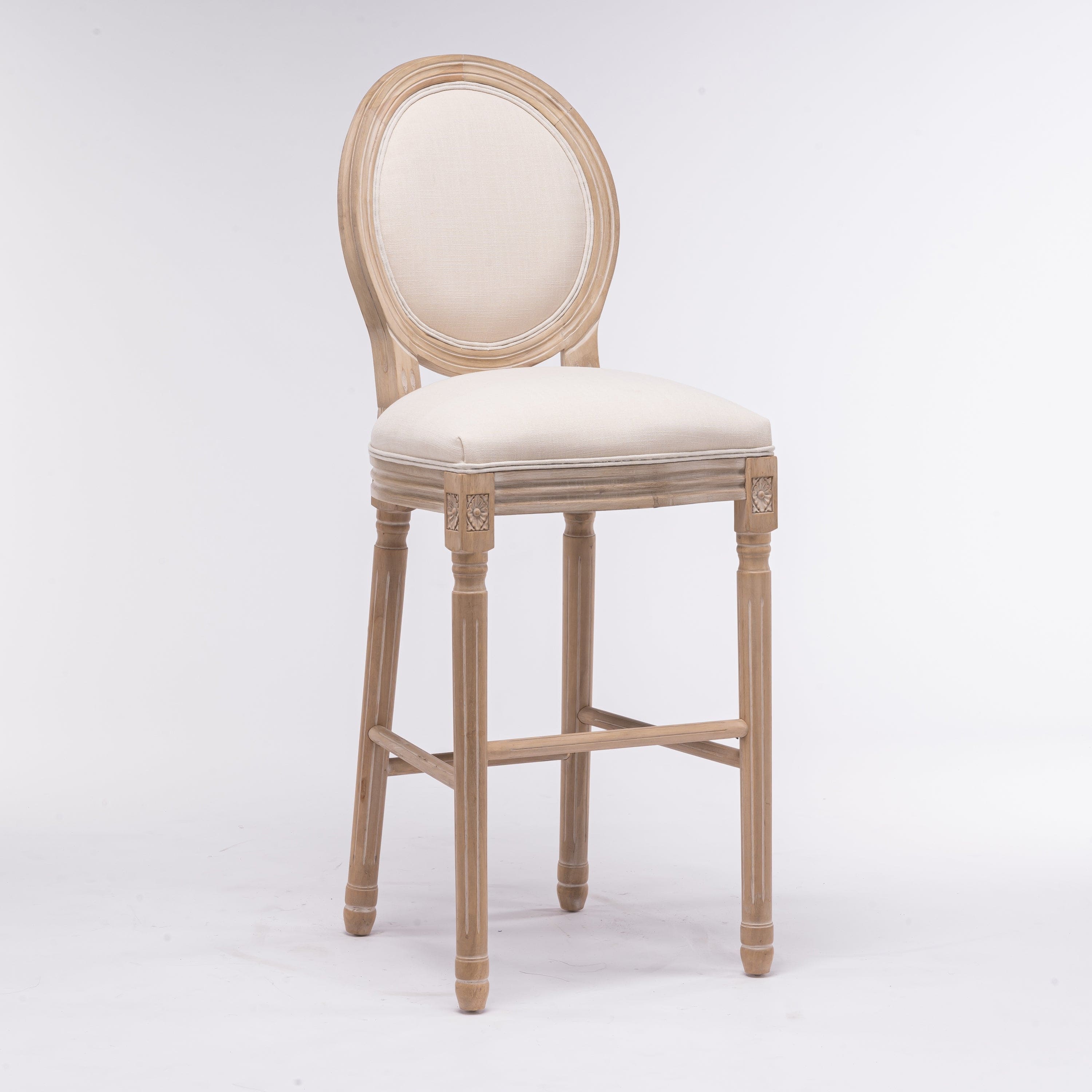 French Country Wooden Barstools With Upholstered Seating , Beige and Natural ，Set of 2