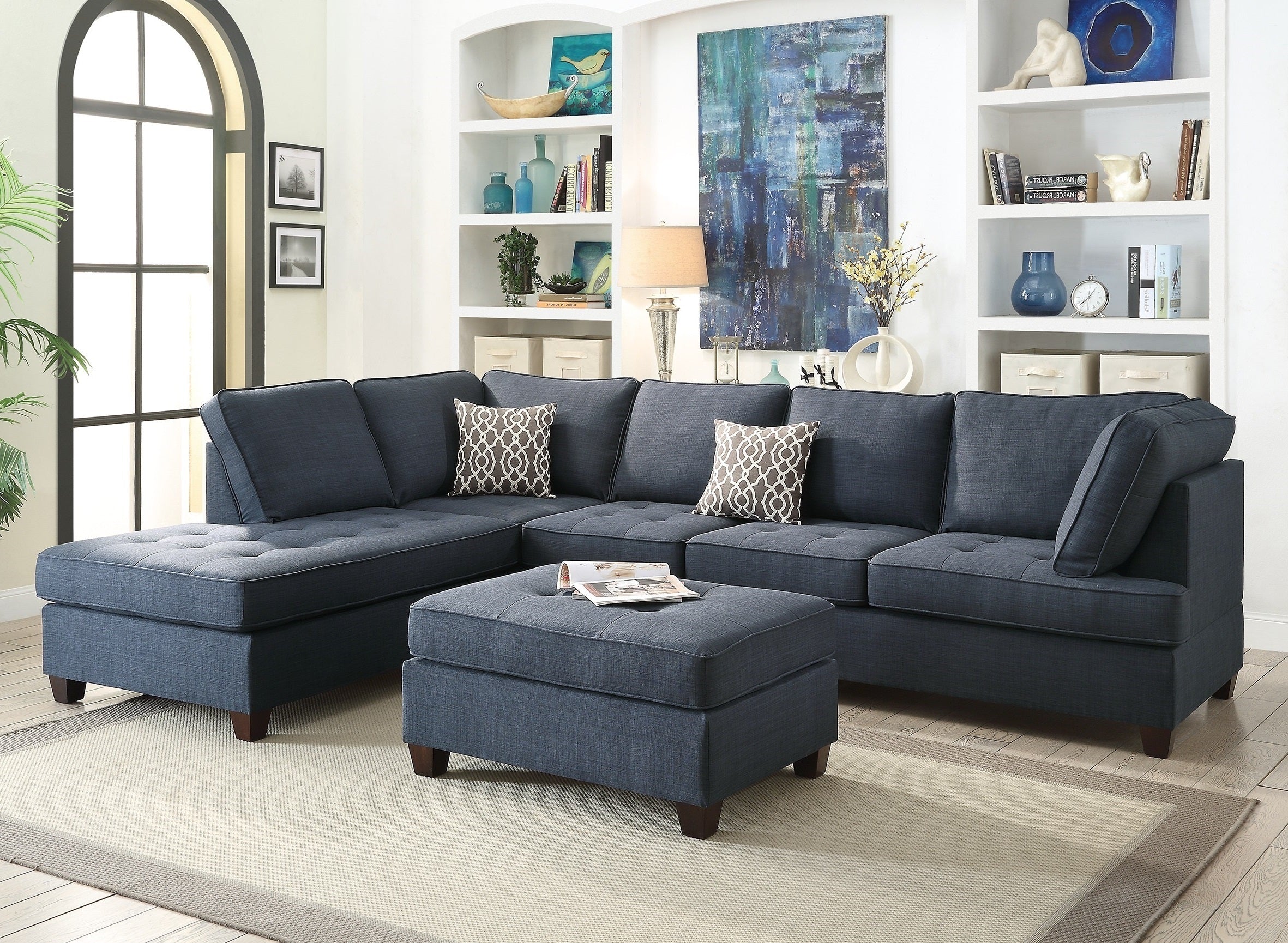 2pc Sectional Sofa Set Reversible Chaise Sofa Dark Blue Dorris Fabric Living Room Furniture Couch