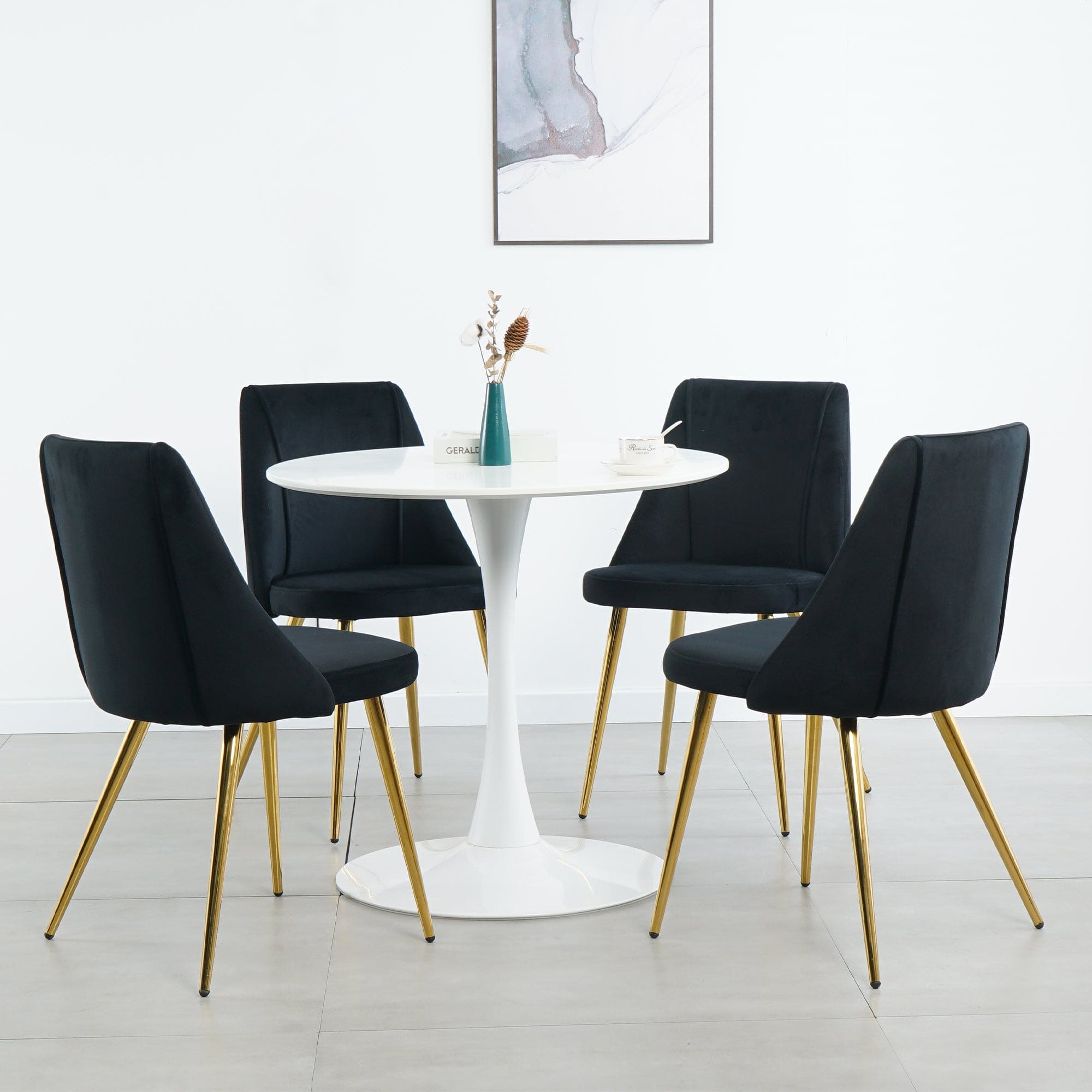 Modern simple velvet dining black chair home bedroom stool back dressing chair student desk chair gold metal legs(set of 4)