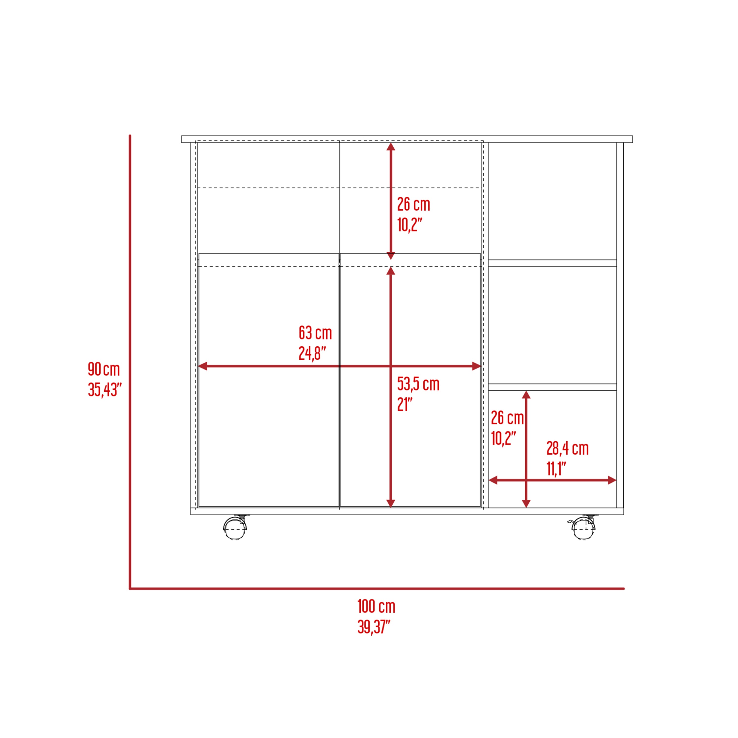 Paprika Kitchen Cart, Four Casters , Four Open Shelves, Double Door Cabinet -Light Oak / White