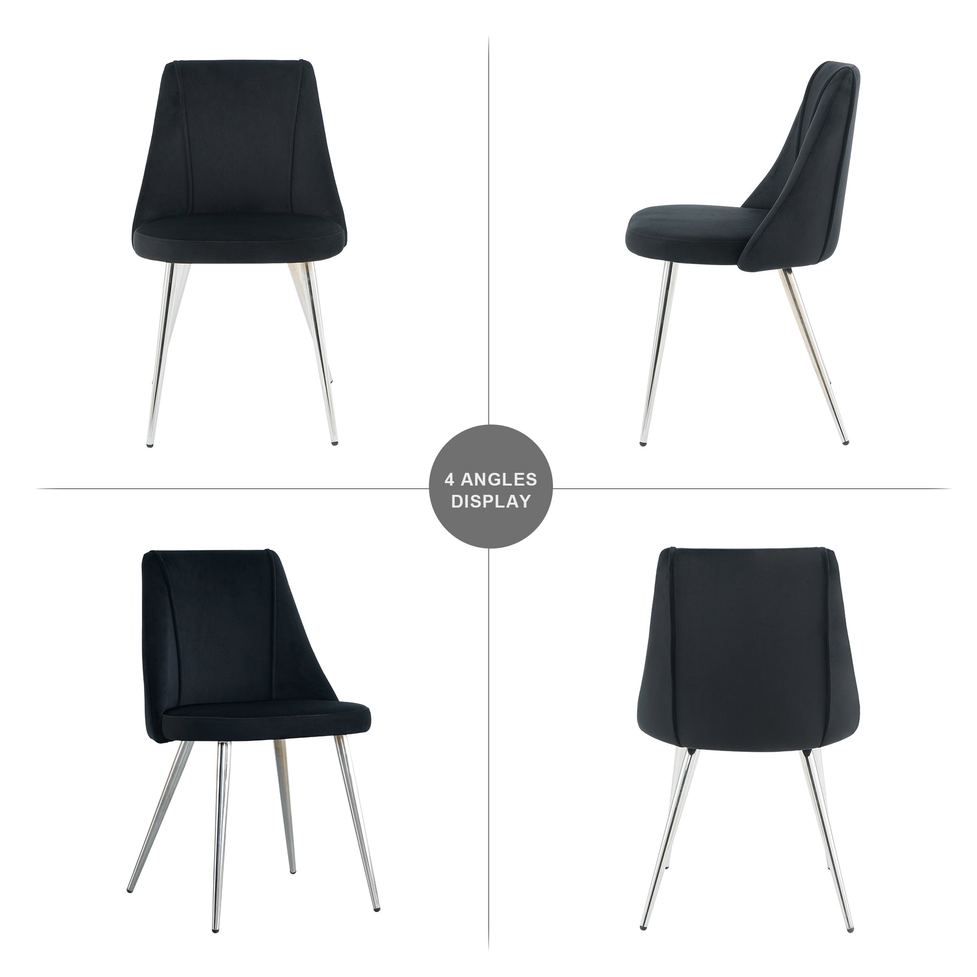 Modern simple velvet black dining chair home bedroom stool back dressing chair student desk chair chrome metal legs(set of 4)