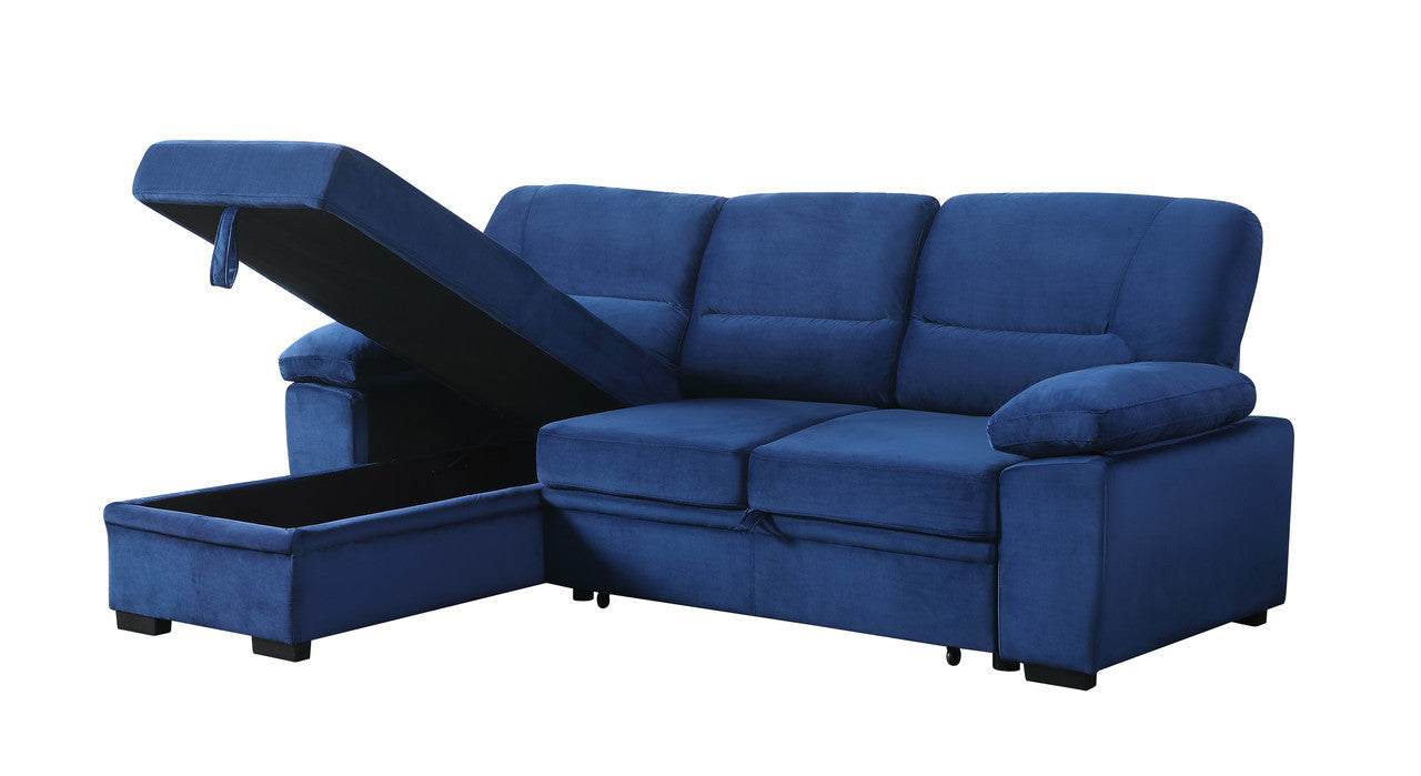 Kipling Blue Velvet Fabric Reversible Sleeper Sectional Sofa Chaise