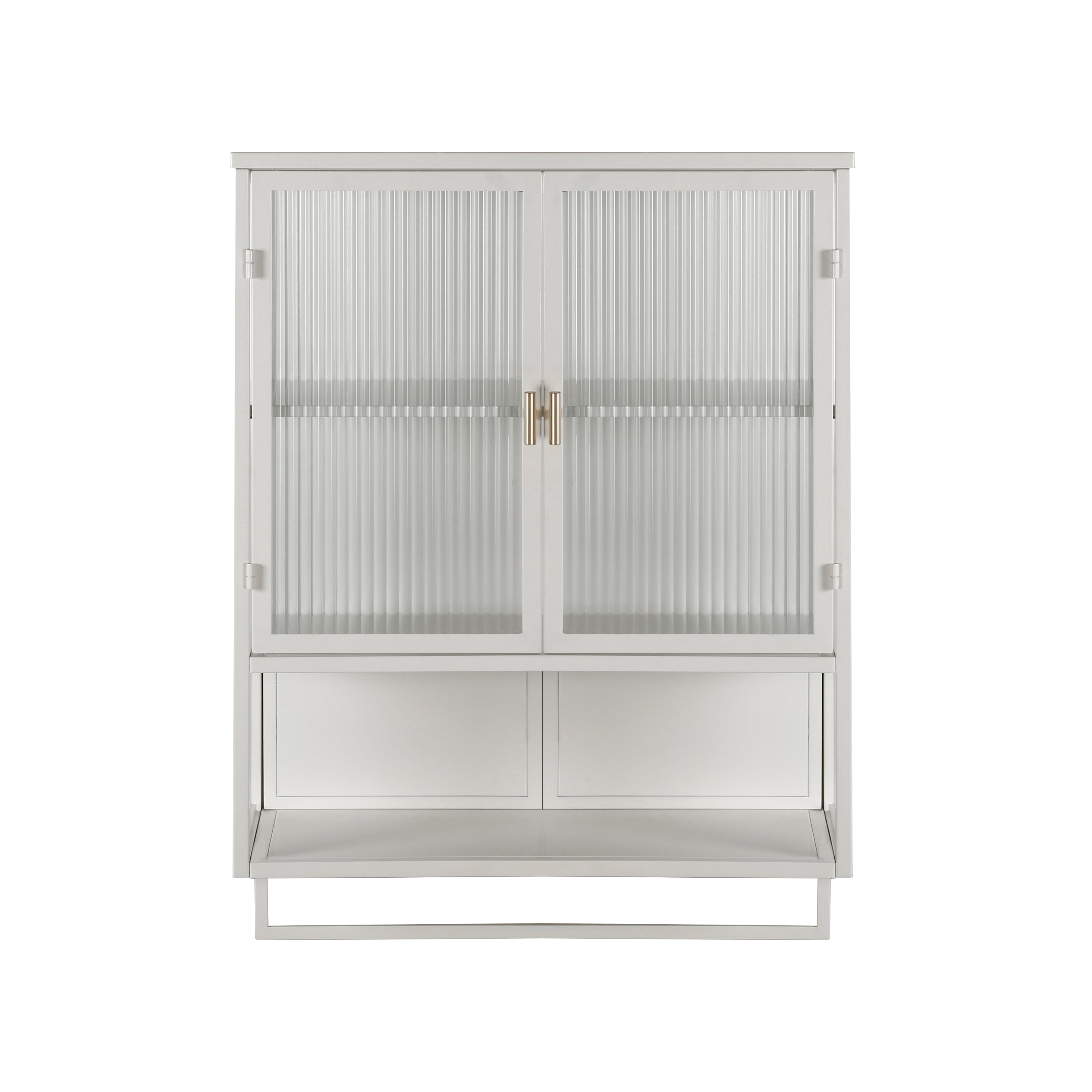 23.62"Glass Doors Modern Two-door Wall Cabinet with Featuring Two-tier Enclosed Storage, an Open Shelf, and Towel Rack, for Entryway Living Room Bathroom Dining Room