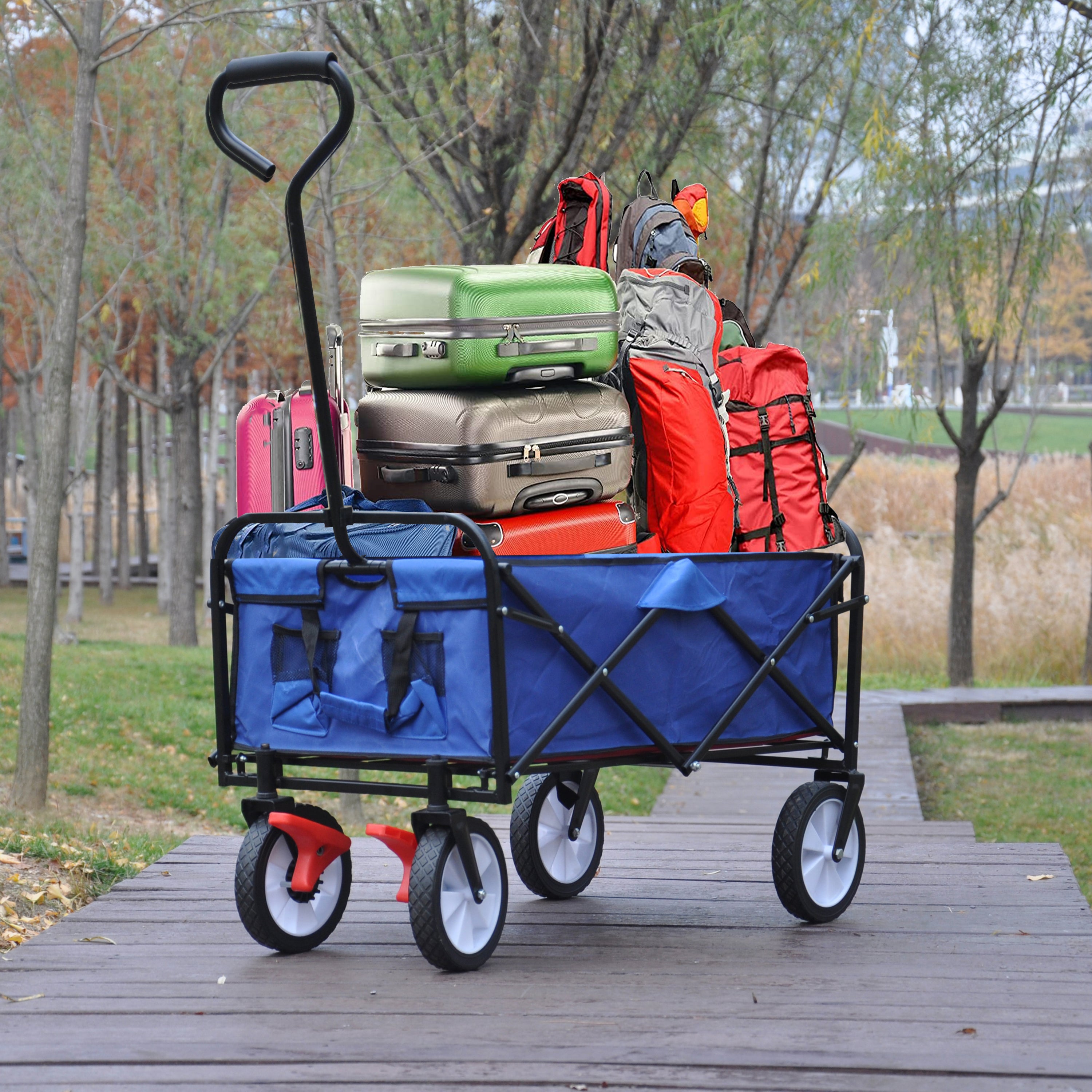 Folding Wagon Garden Shopping Beach Cart (blue)