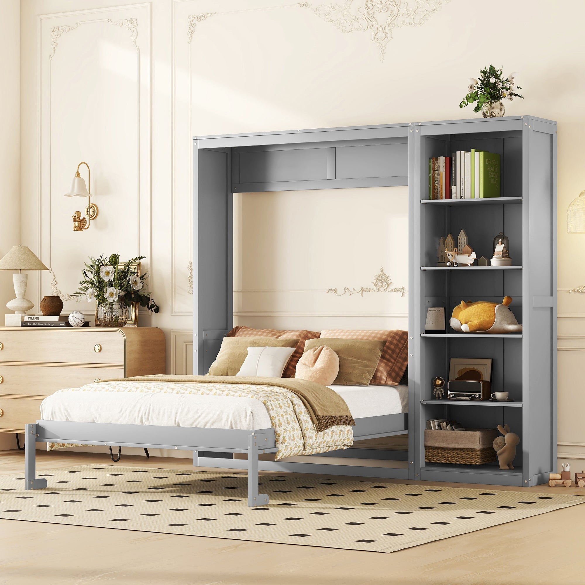 Queen Size Murphy Bed Wall Bed with Shelves,Gray