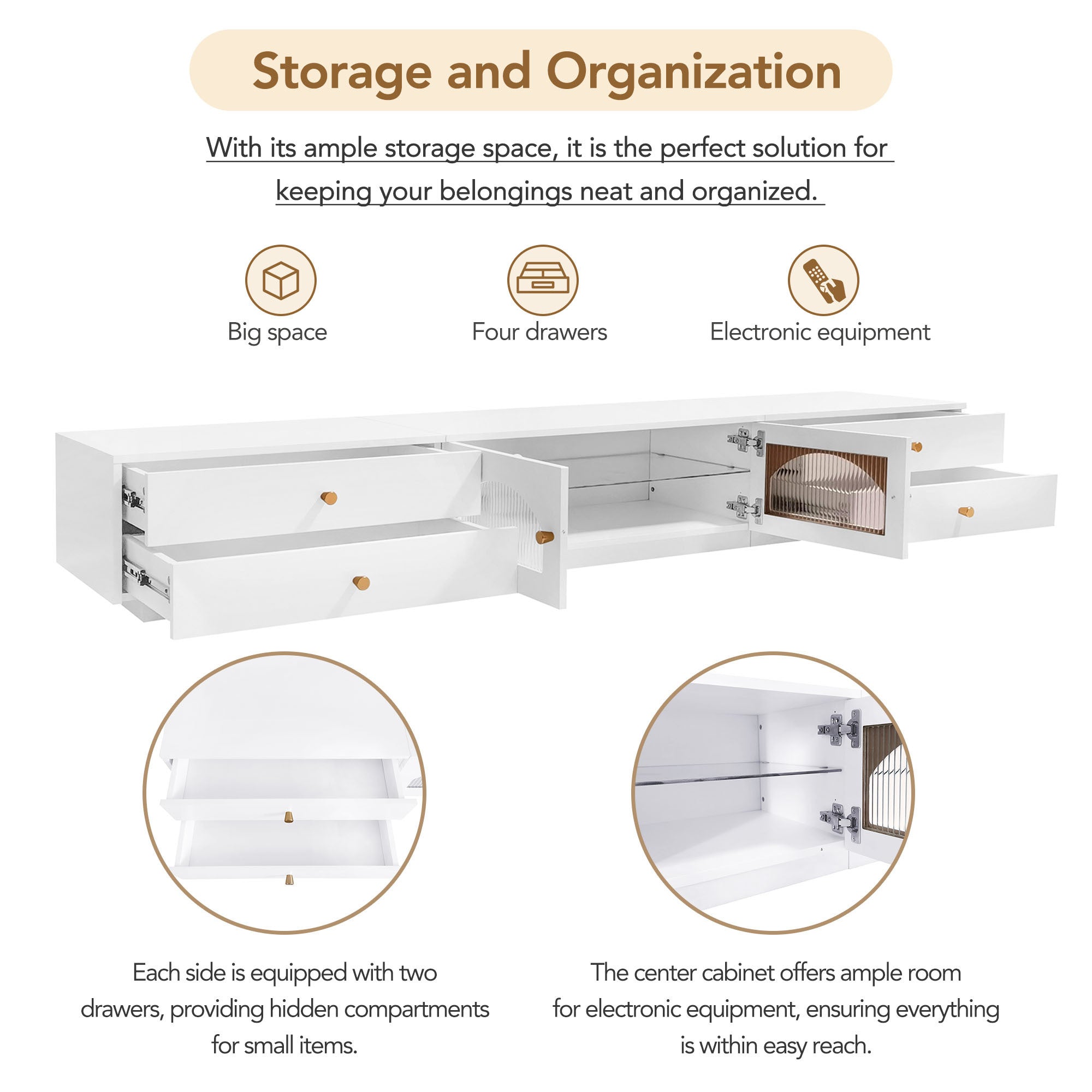 ON-TREND Luxurious TV Stand with Fluted Glass Doors, Elegant and Functional Media Console for TVs Up to 90'', Tempered Glass Shelf TV Cabinet with Multiple Storage Options, White