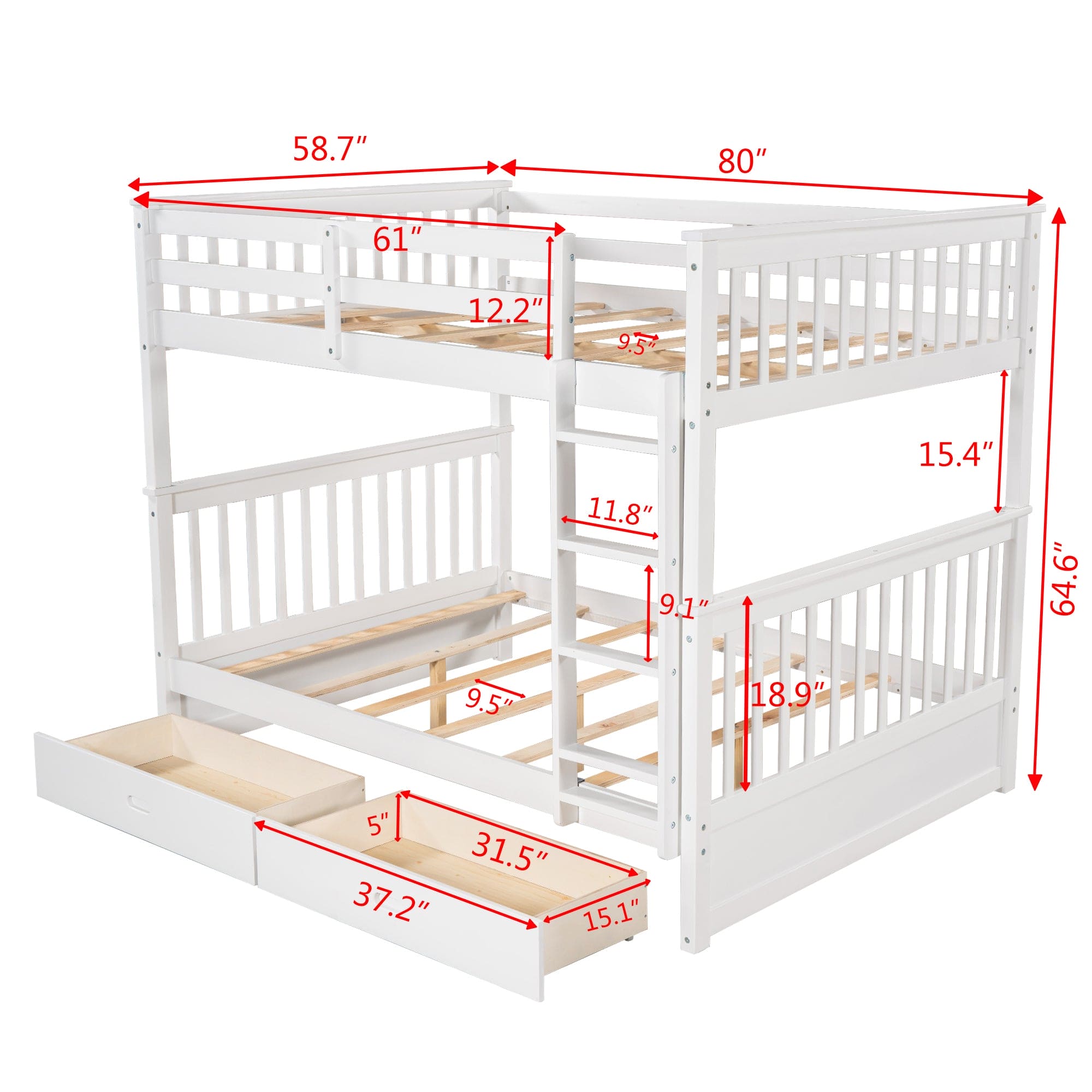 Full-Over-Full Bunk Bed with Ladders and Two Storage Drawers (White)(OLD SKU:LT000365AAK)