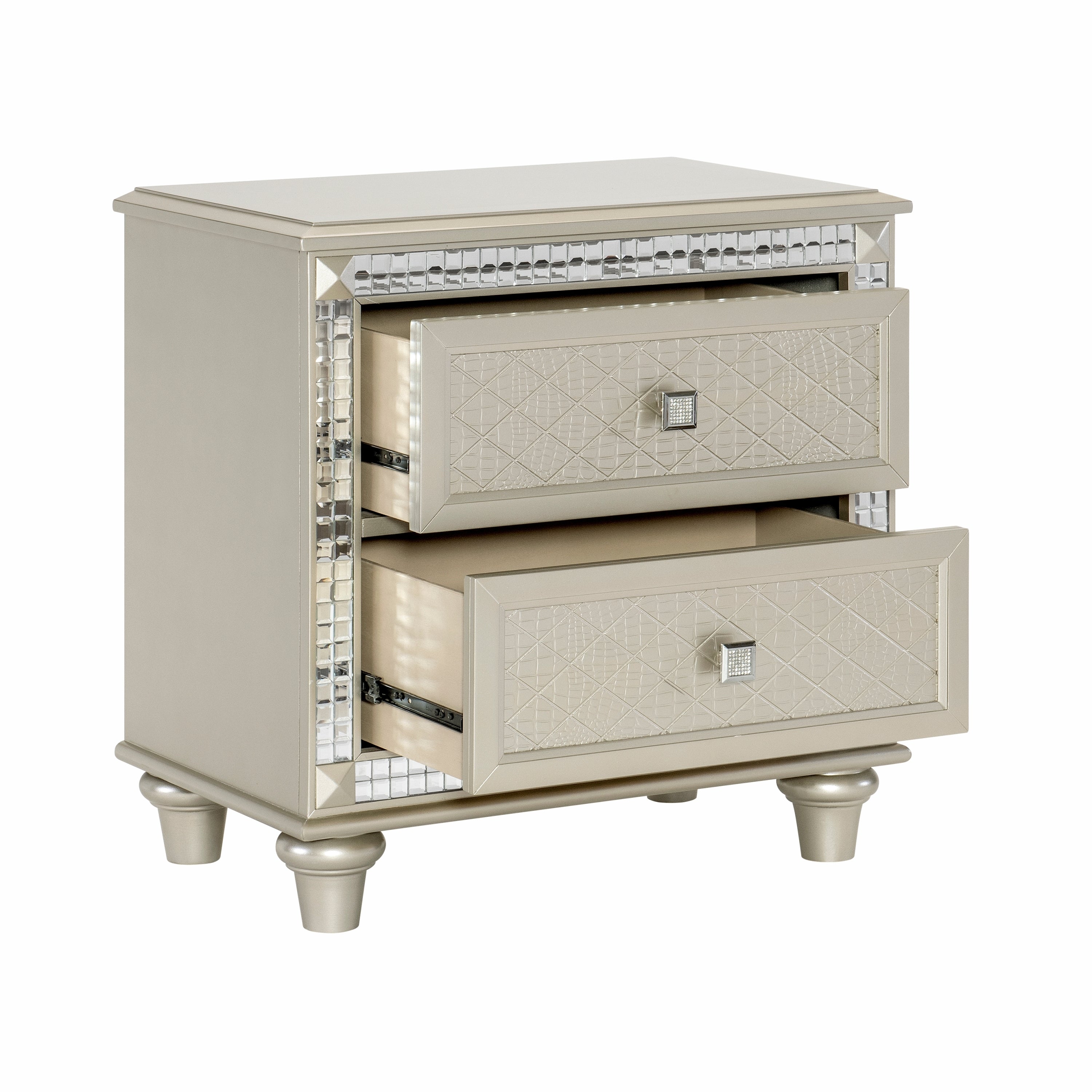 Glamorous Style Bedroom Furniture 1pc Nightstand of 2x Drawers Champagne Finish Acrylic Crystals Trim Modern Home Furniture