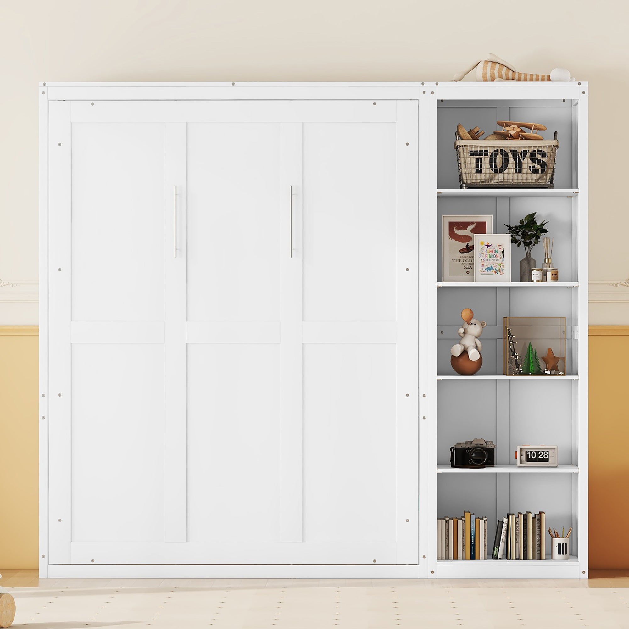 Full Size Murphy Bed Wall Bed with Shelves,White