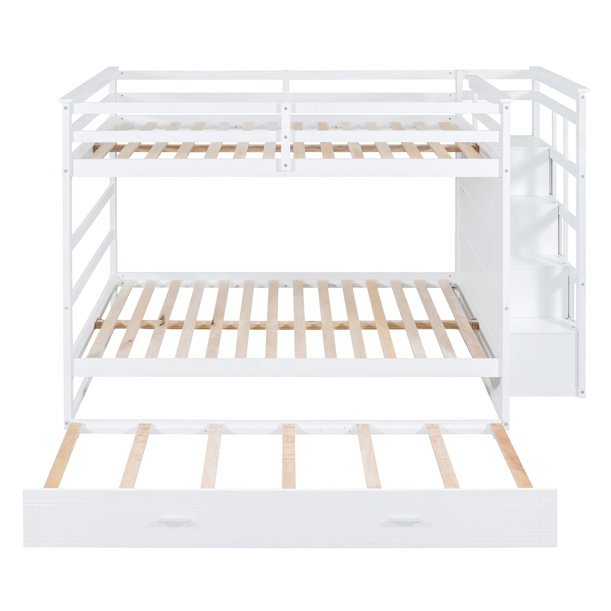 Full Over Full Bunk Bed with Twin Size Trundle and Staircase, White