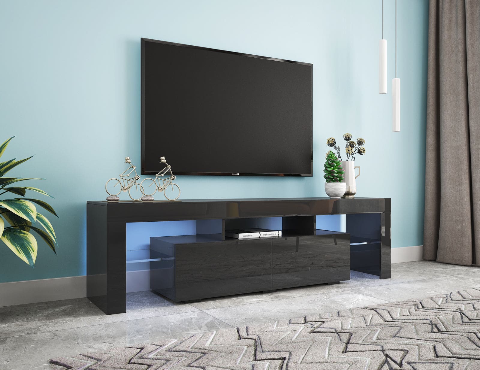 Modern Black TV Stand, 20 Colors LED TV Stand w/Remote Control Lights