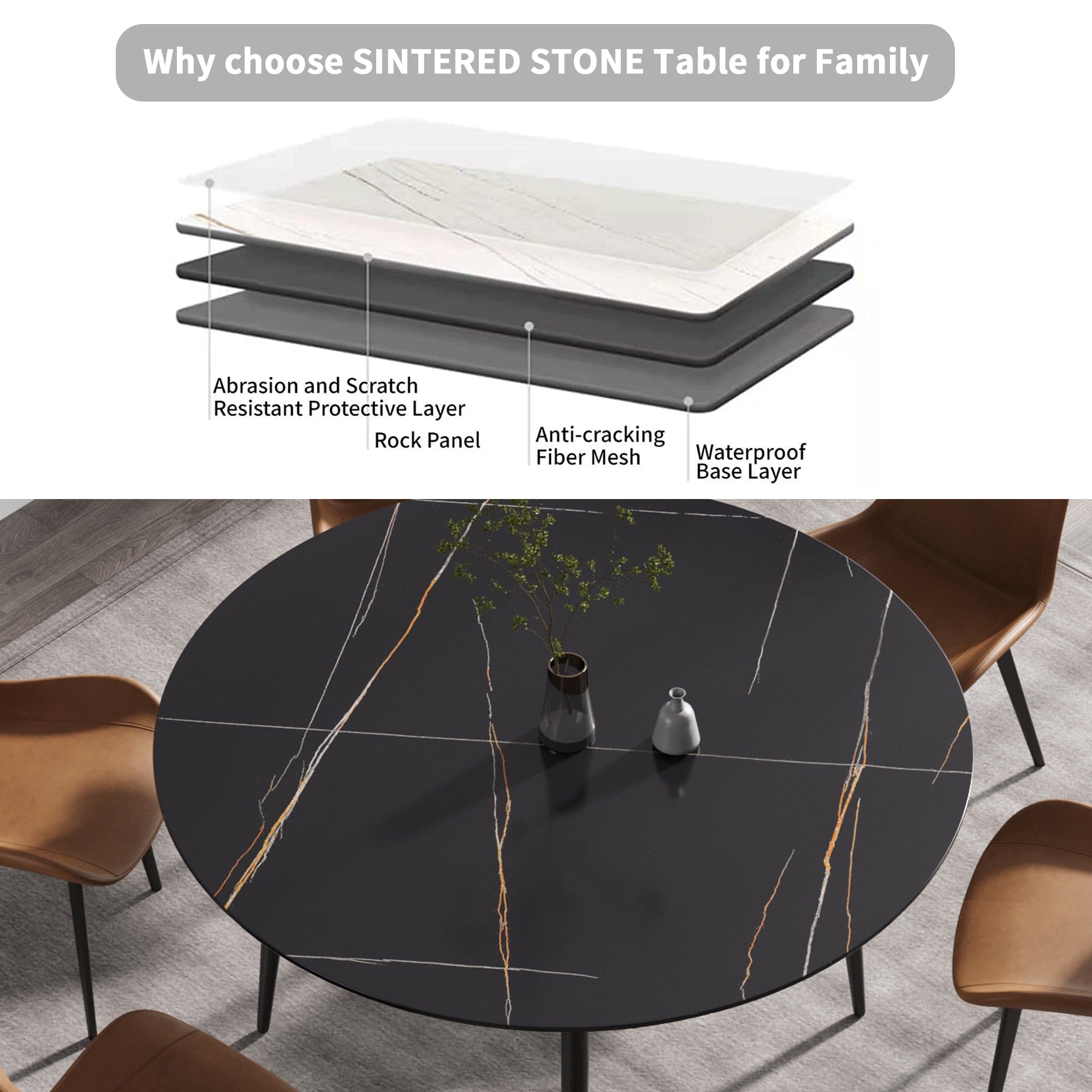 59.05"Modern man-made stone round black metal dining table-position for 6 people