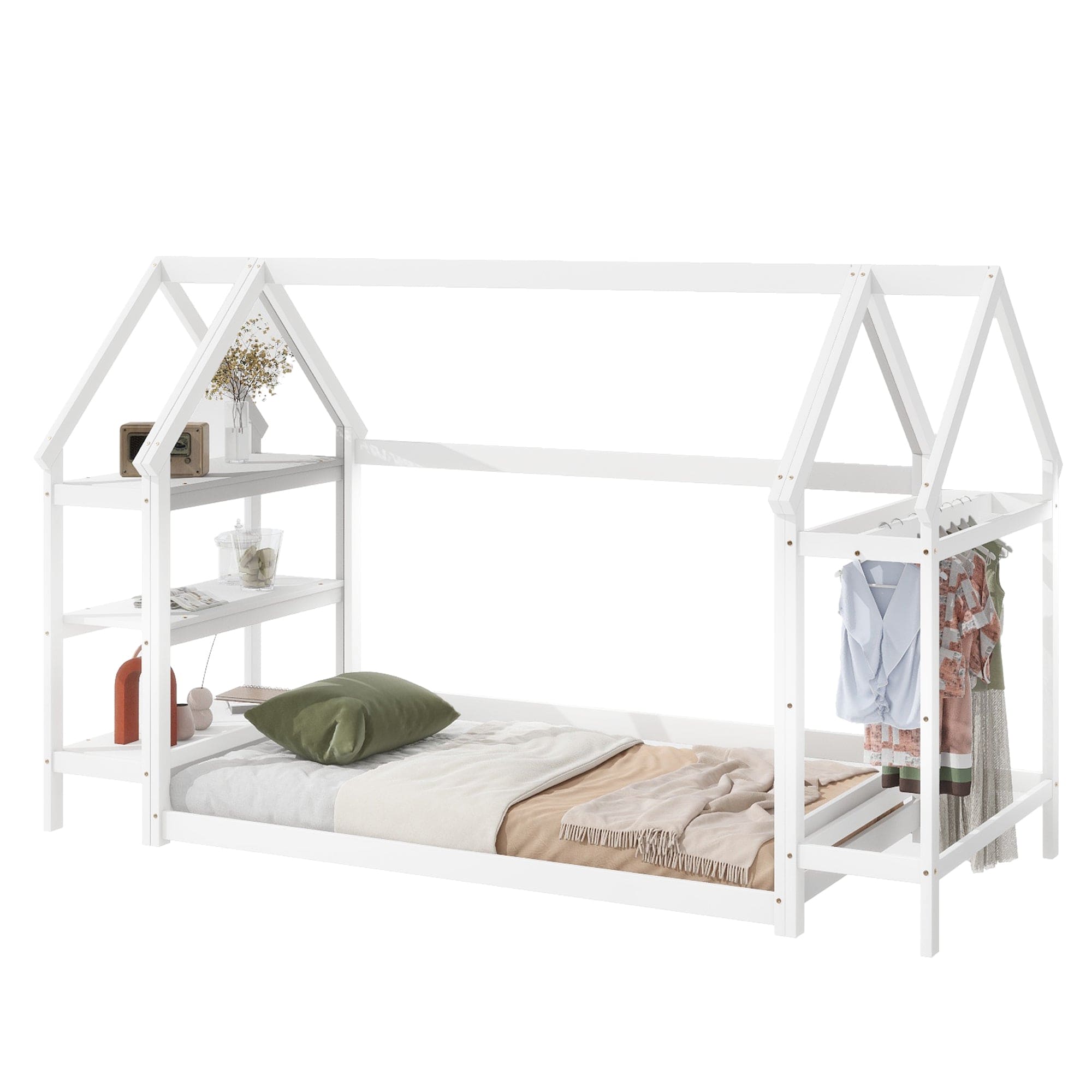 Twin House-Shaped Floor Bed with 2 Detachable Stands,White