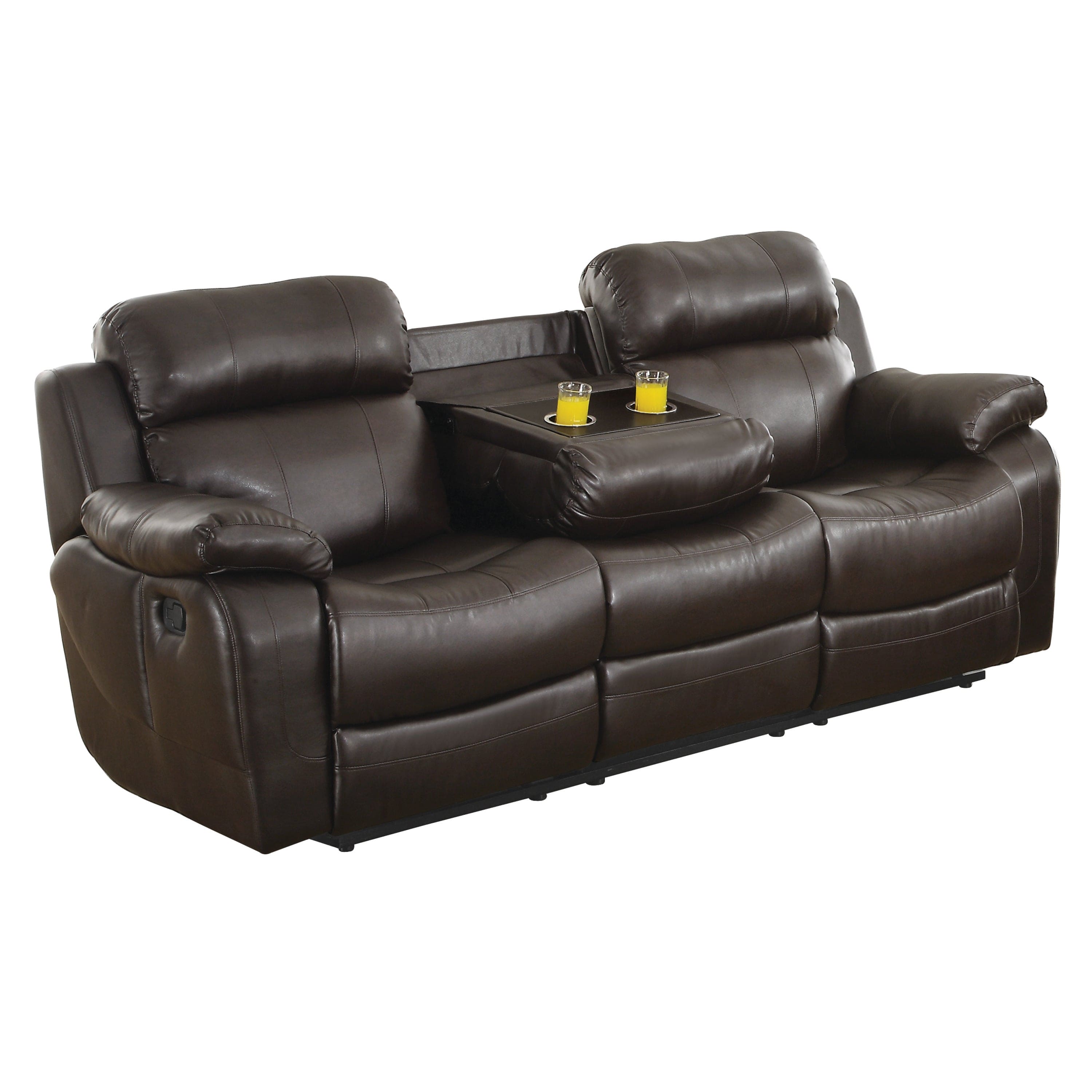 Contemporary Brown Faux Leather Upholstered 1pc Double Reclining Sofa w/ Center Drop-Down Cup Holder Living Room Furniture