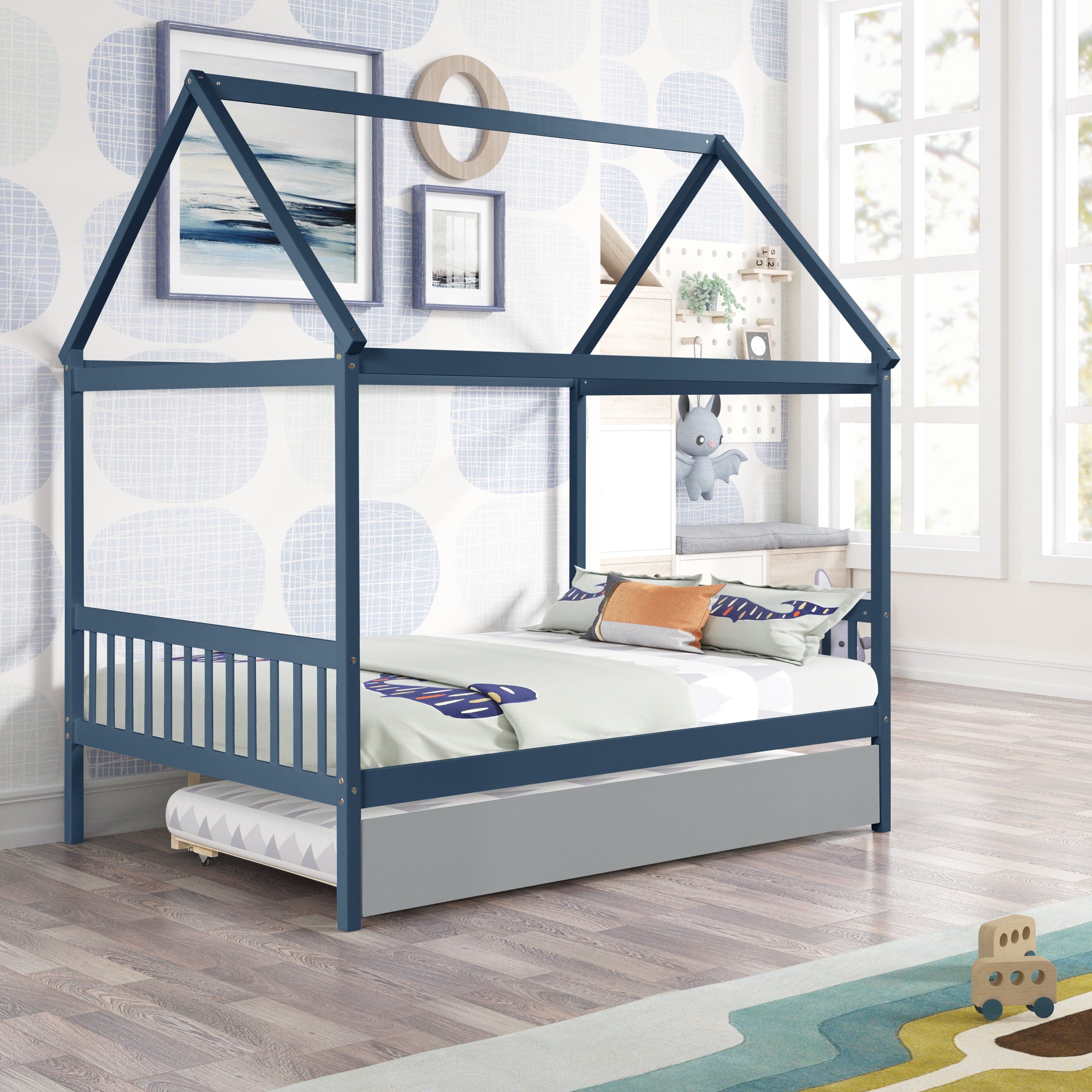 NAVY BLUE HOUSE FULL BED WITH TRUNDLE OF GREY COLOR