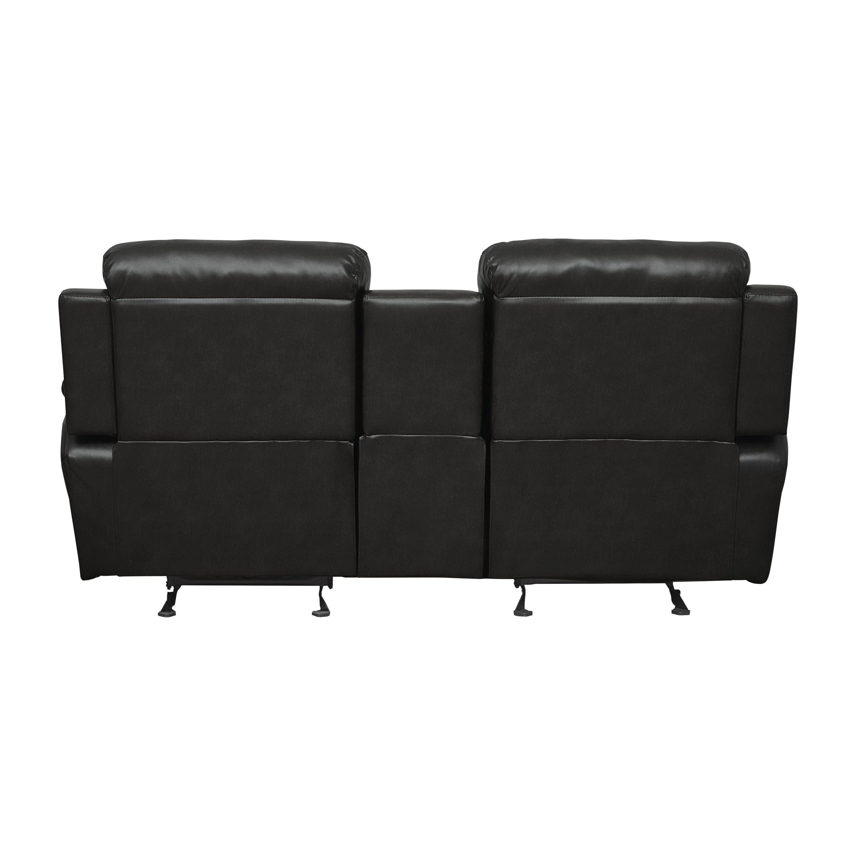 Double Glider Reclining Love Seat with Center Console Black Faux Leather Upholstered Contemporary Living Room Furniture