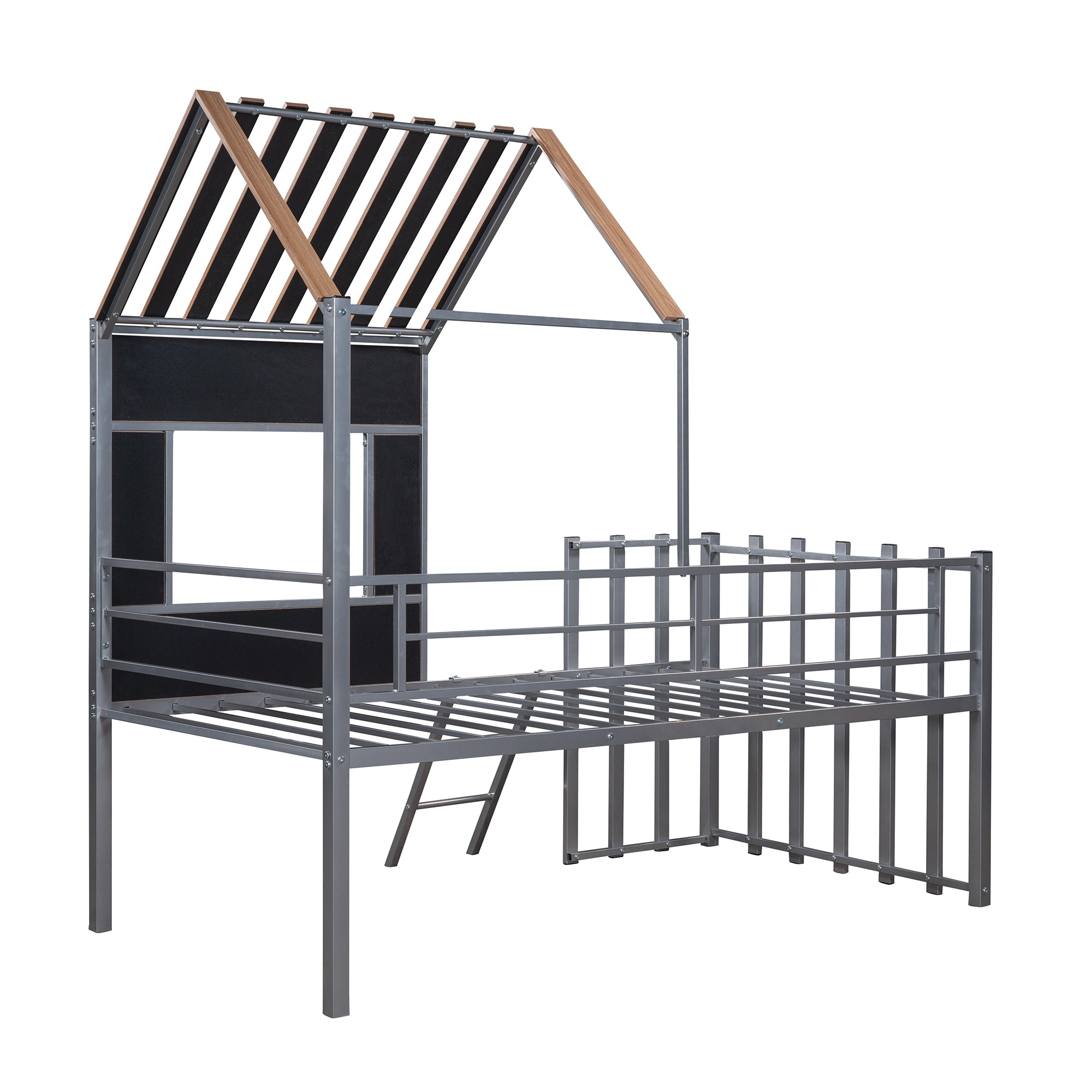 Metal Twin size Loft Bed with Roof, Window, Guardrail, Ladder Silver