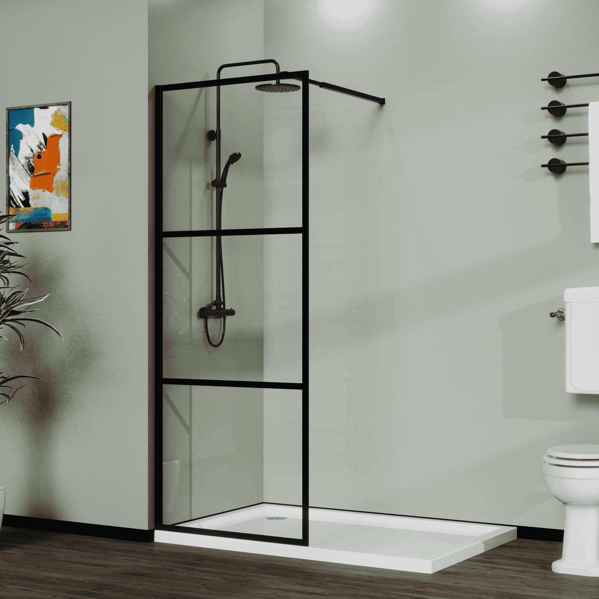 Goodyo 34" Shower Screen Door Walk-in Wet-room, Black, 3-panel Style