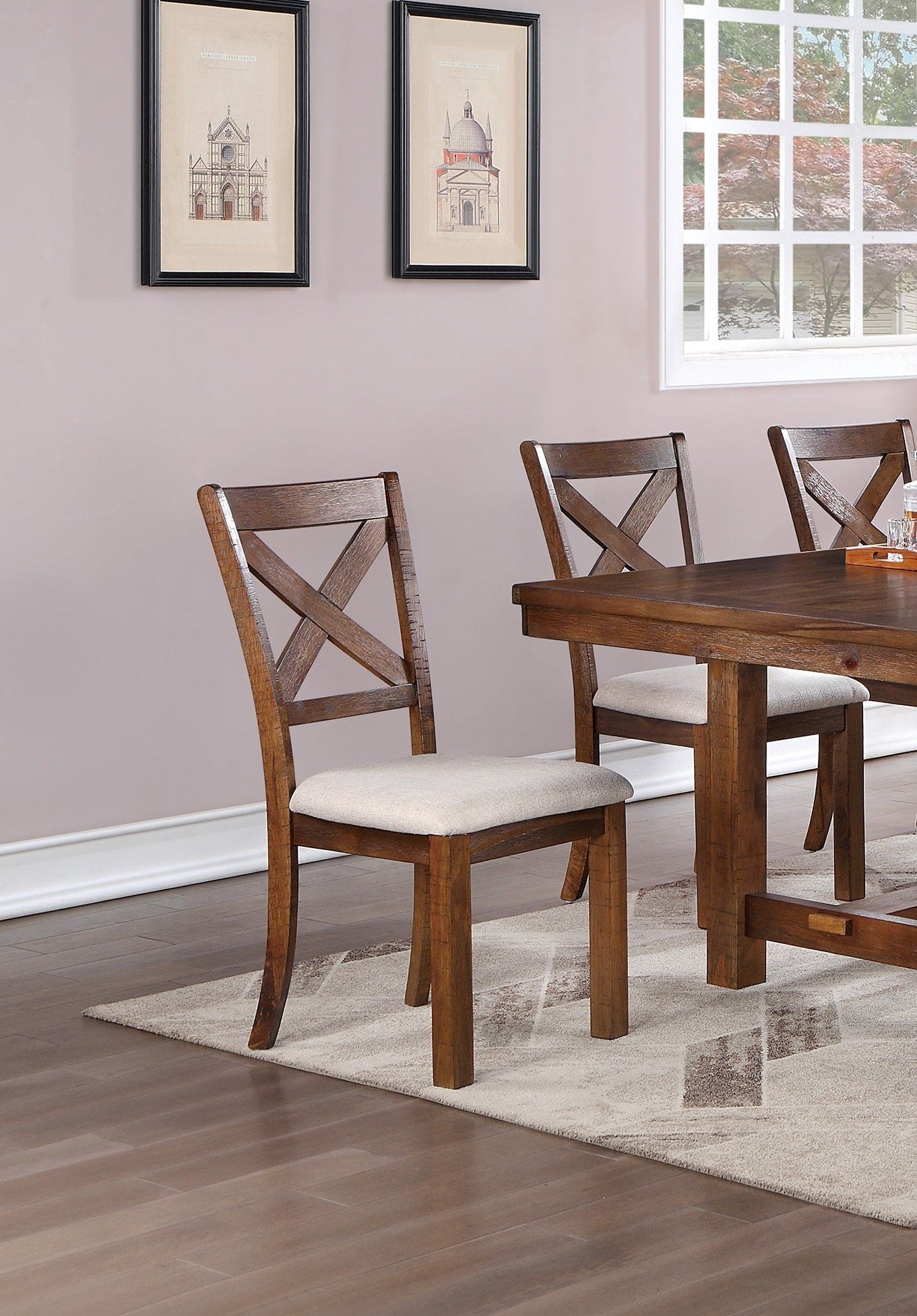 Dining Table 1x Bench and 4x Side Chairs Natural Brown Finish Solid wood 6pc Dining Table Wooden Contemporary Style Kitchen Dining Room Furniture