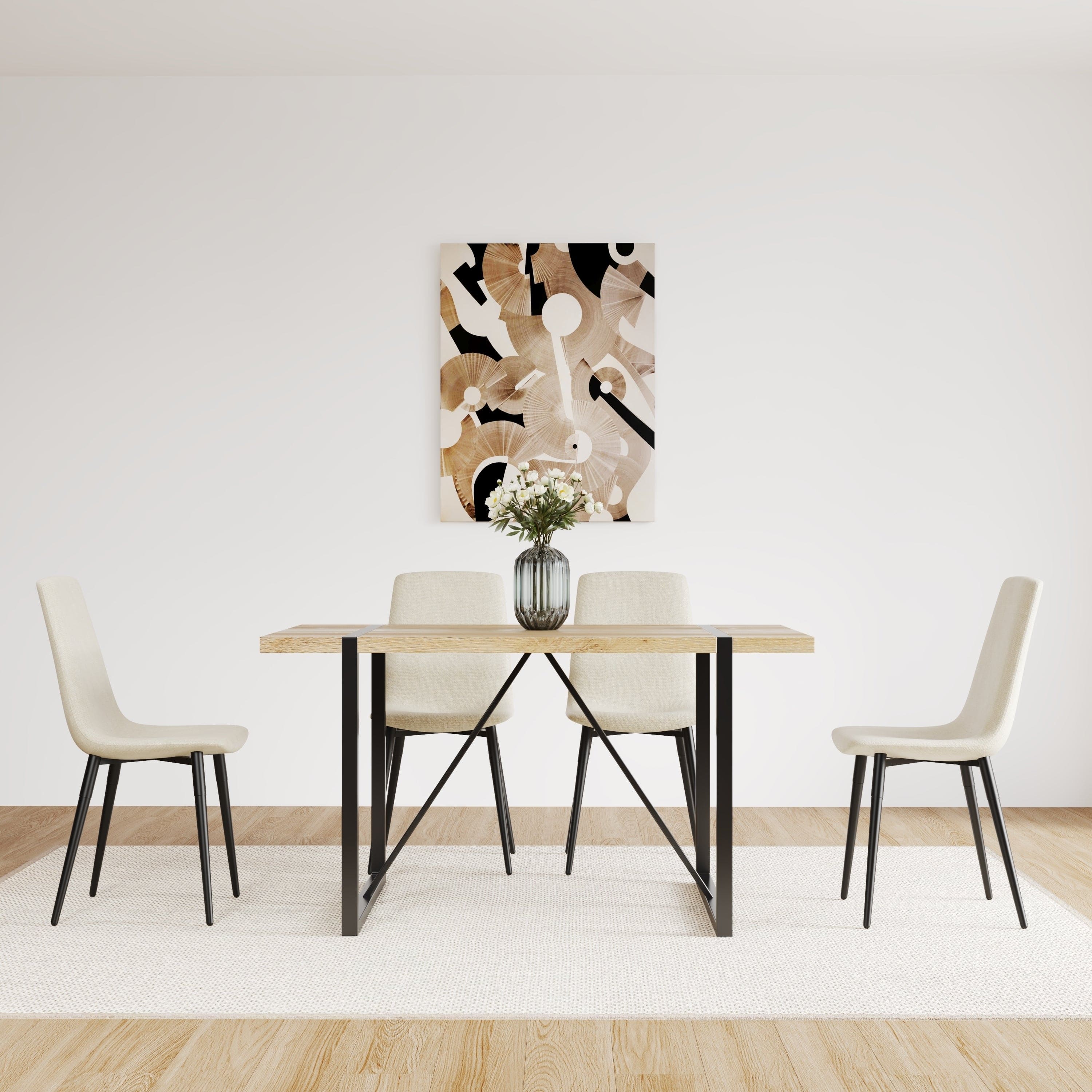 MDF Wood Colour Dining Table and Modern Dining Chairs Set of 4, Mid Century Wooden Kitchen Table Set, Metal Base & Legs, Dining Room Table and Linen Chairs