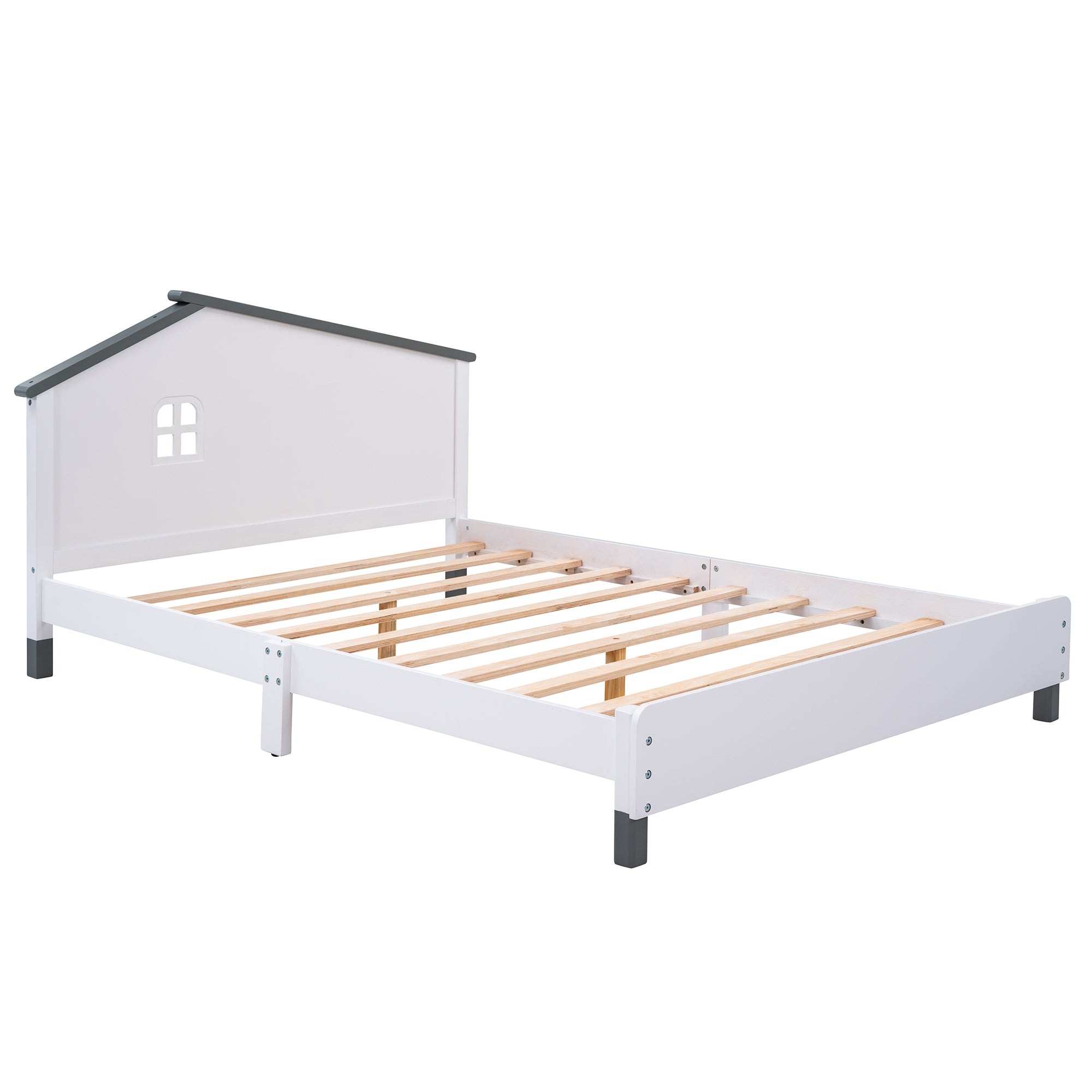 Full Size Wood Platform Bed with House-shaped Headboard  (White+Gray)