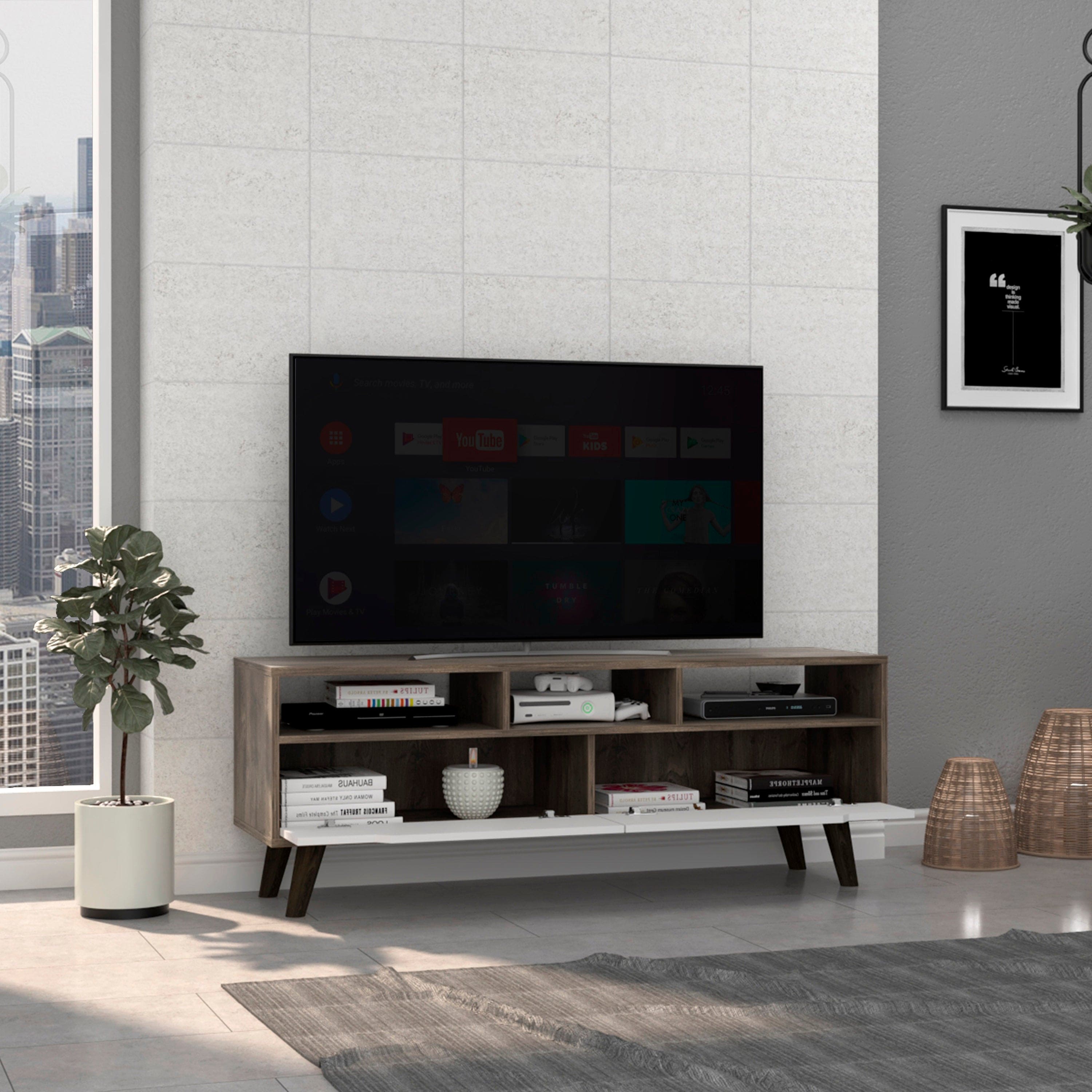 Oslo Tv Stand for TV´s up 51", Two  Drawers, Four Legs, Three Open Shelves -Dark Brown / White