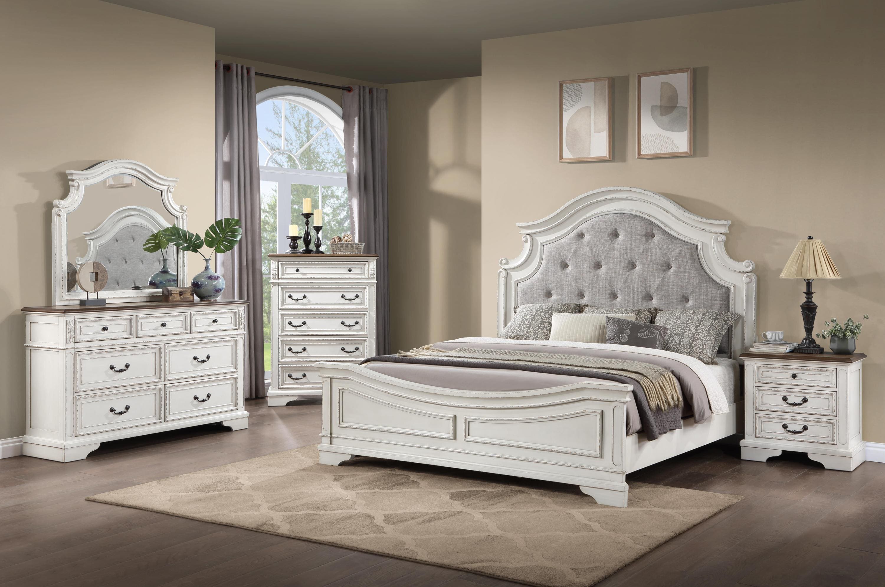 Noble Traditional Style Queen Bed with Button Tufted Upholstery Headboard Made with Wood in Antique White