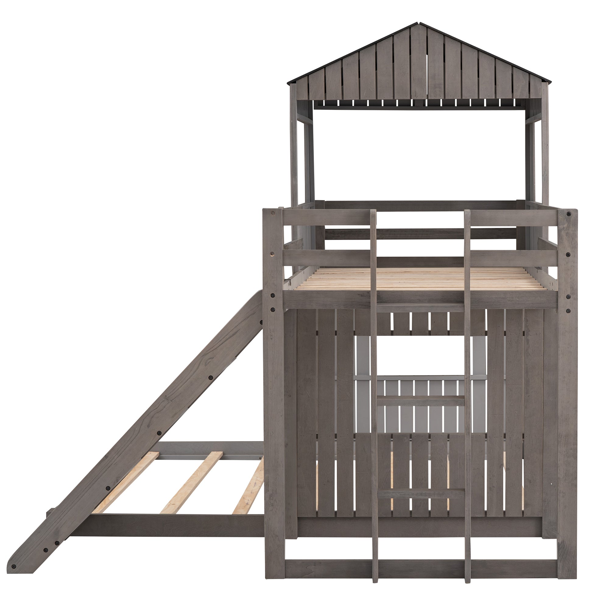 Wooden Twin Over Full Bunk Bed, Loft Bed with Playhouse, Farmhouse, Ladder, Slide and Guardrails, Antique Gray(OLD SKU :LT000028AAE)