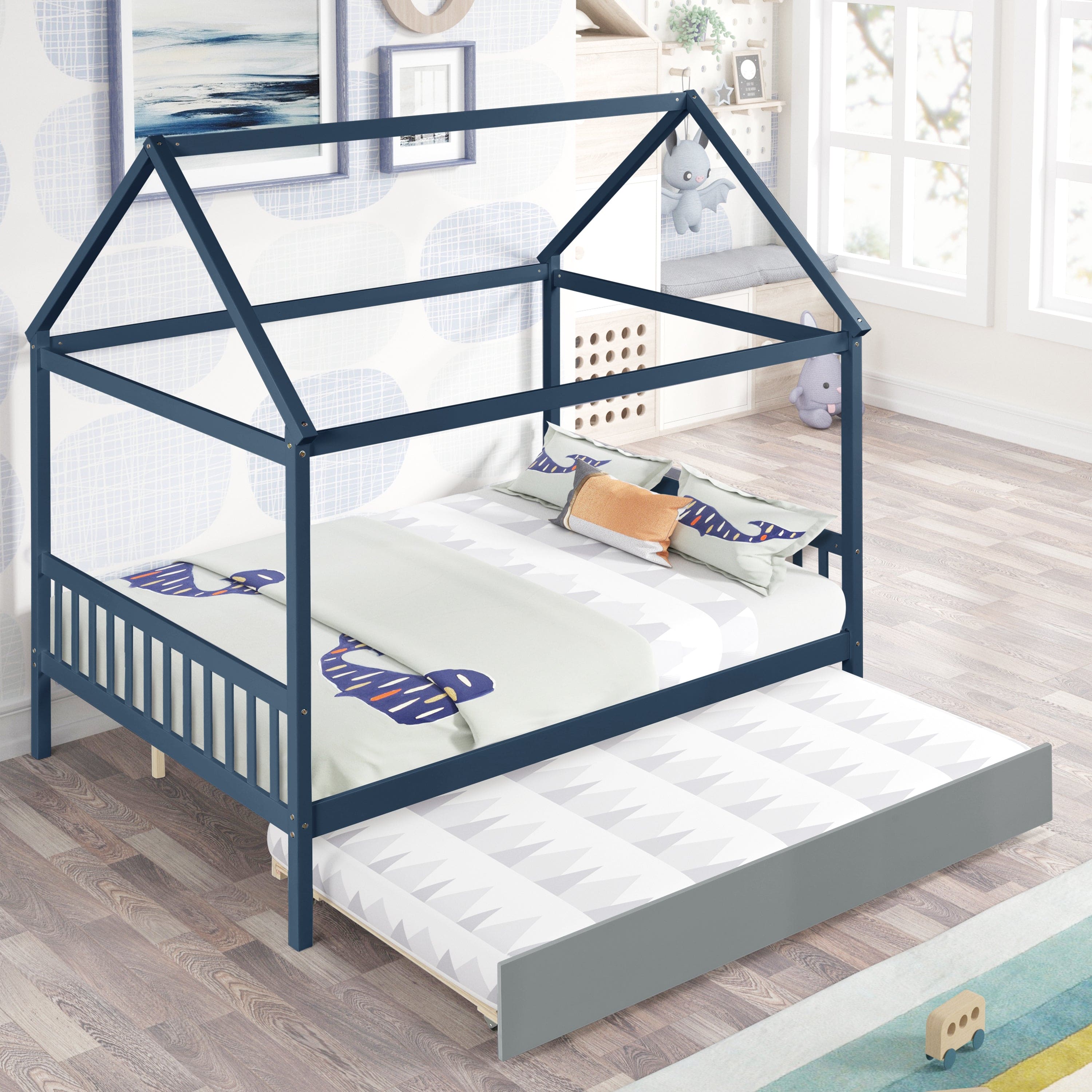 NAVY BLUE HOUSE FULL BED WITH TRUNDLE OF GREY COLOR