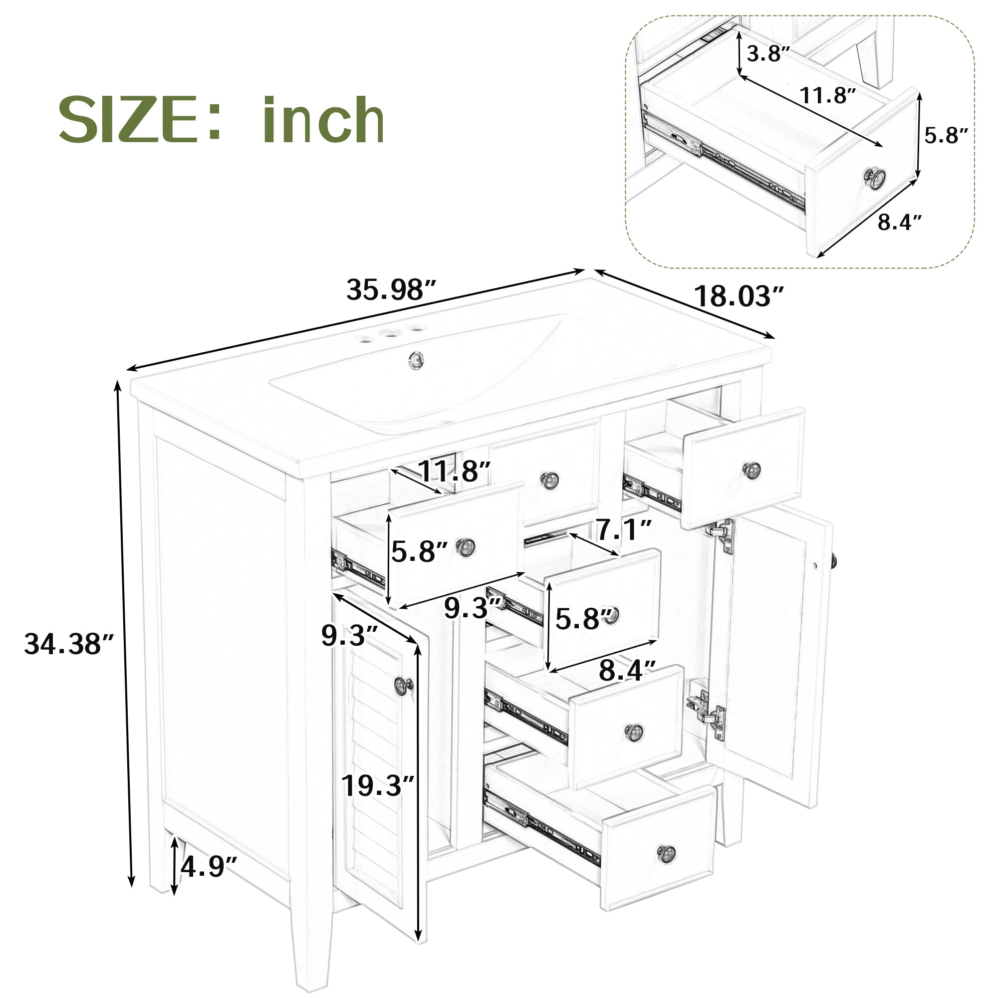 36" Bathroom Vanity with Ceramic Basin, Two Cabinets and Five Drawers, Solid Wood Frame, White (OLD SKU: SY999202AAK)