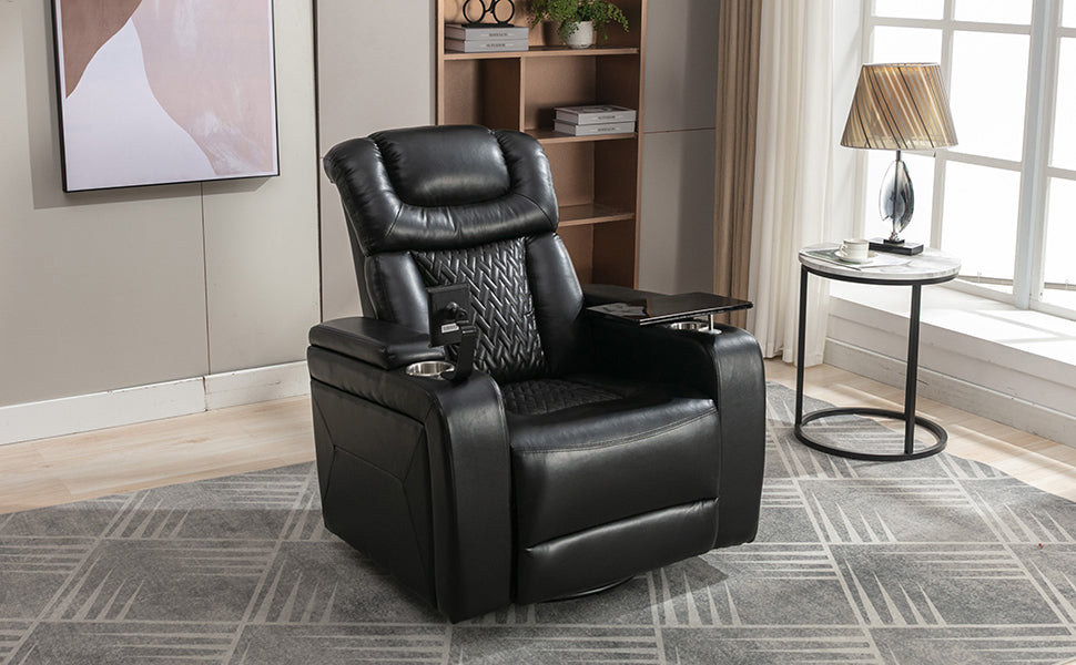 270 Degree Swivel PU Leather Power Recliner Individual Seat Home Theater Recliner with  Comforable Backrest, Tray Table,  Phone Holder, Cup Holder,  USB Port, Hidden Arm Storage for Living Room, Black