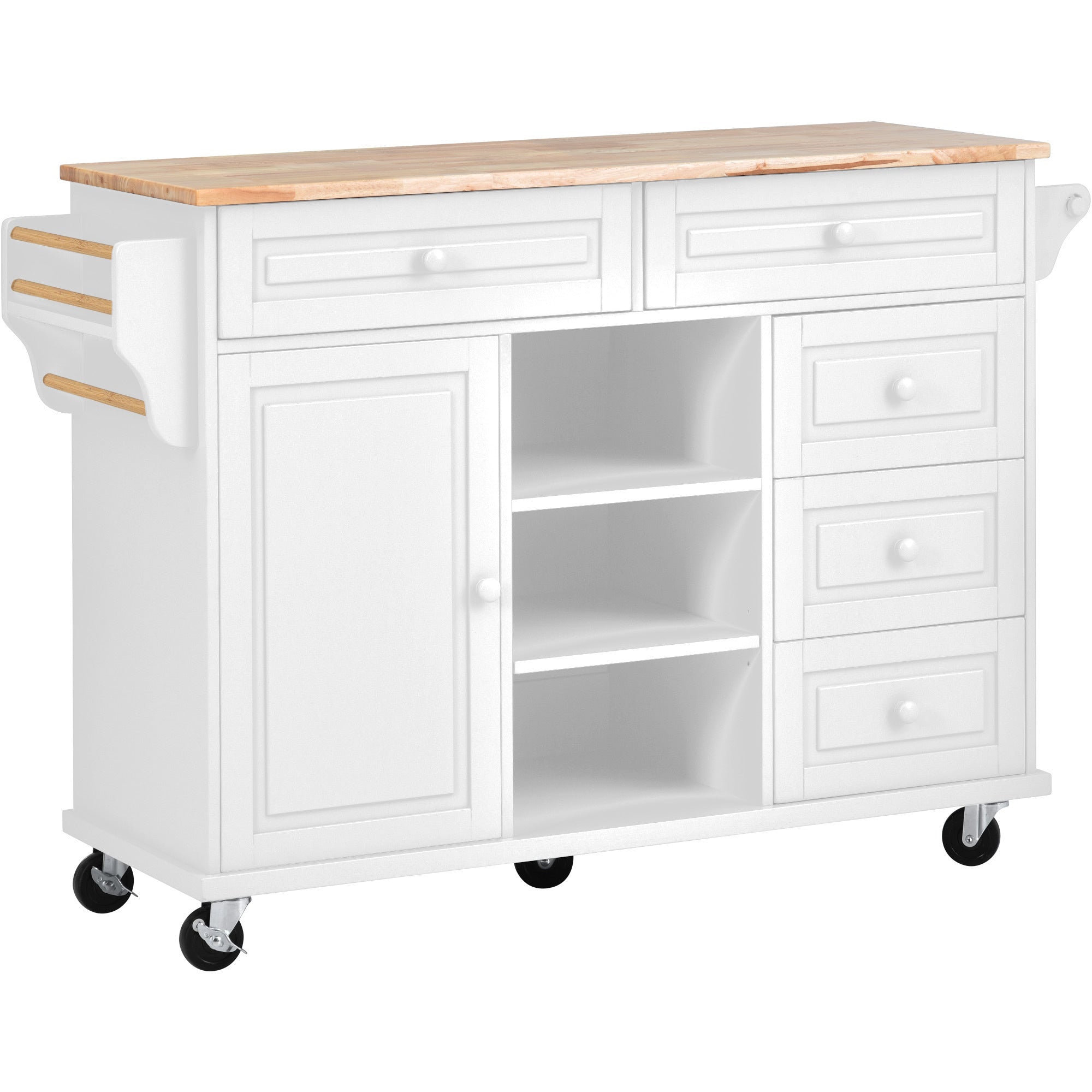 Kitchen cart with Rubber wood desktop rolling mobile kitchen island with storage and 5 draws 53 Inch  length(White)