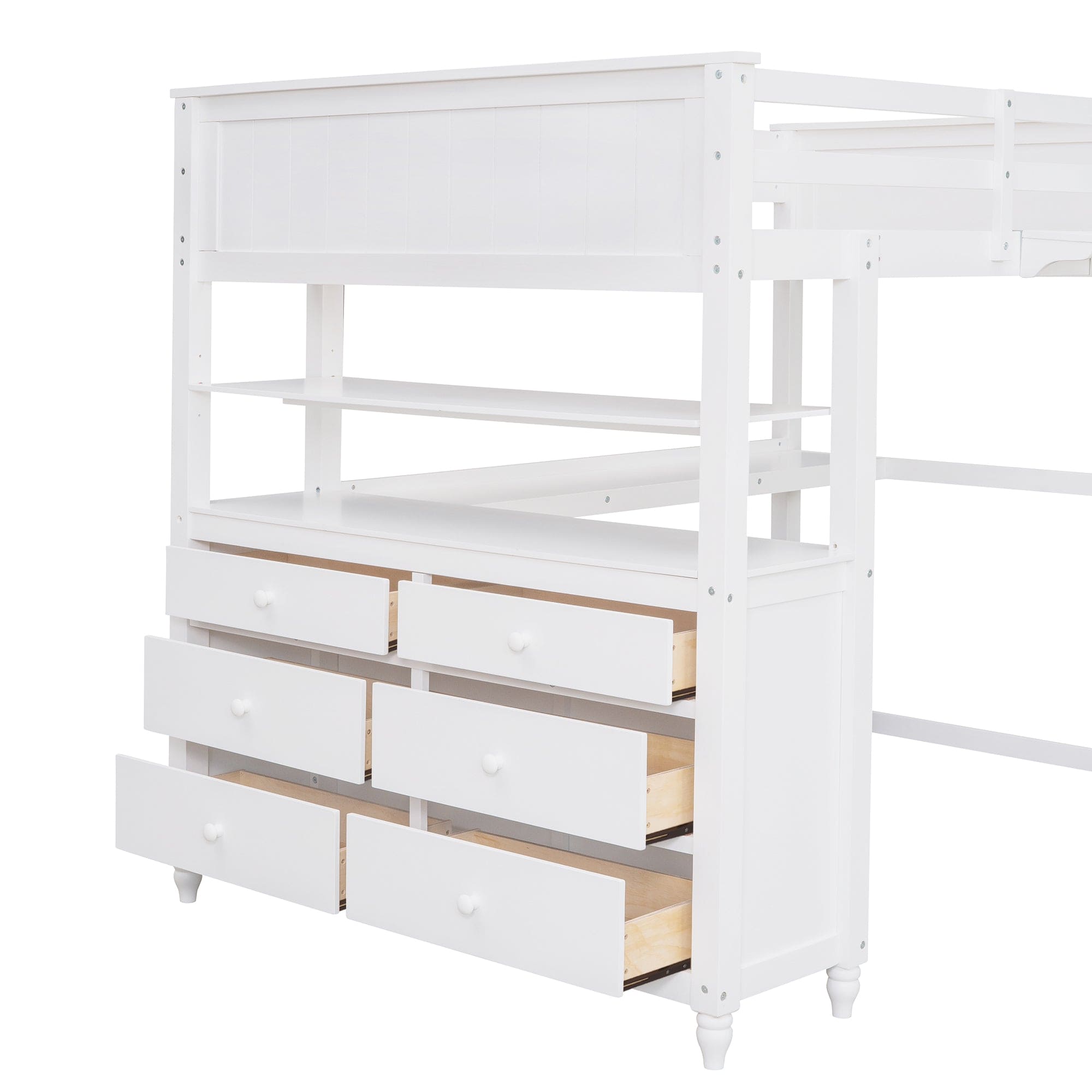 Full size Loft Bed with Drawers and Desk, Wooden Loft Bed with Shelves - White(OLD SKU:LT001529AAK)