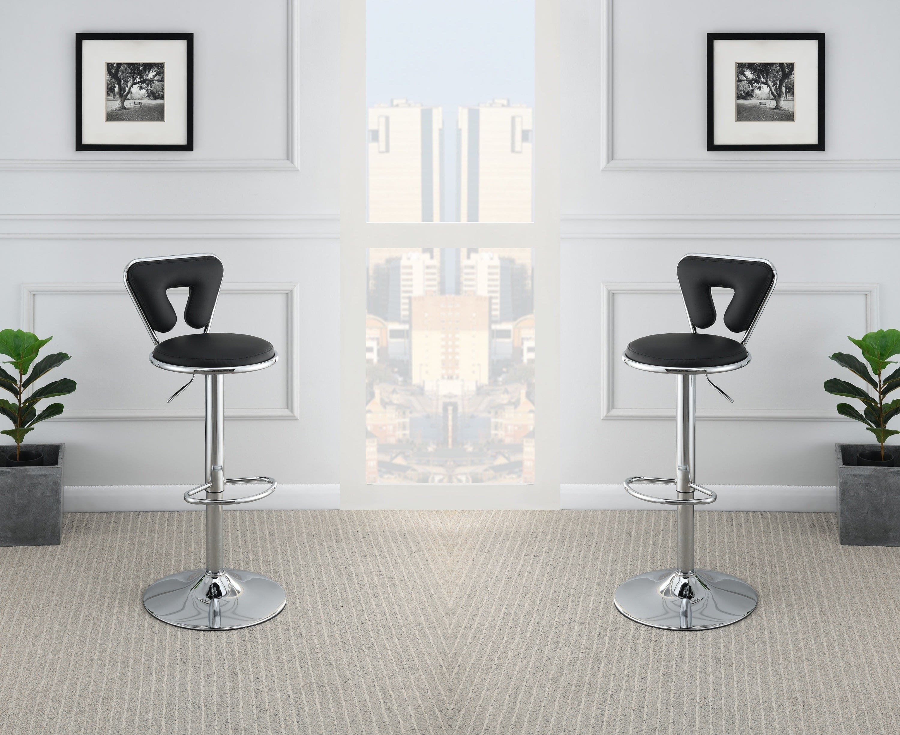 Adjustable Bar stool Gas lift Chair Black Faux Leather Chrome Base metal frame Modern Stylish Set of 2 Chairs