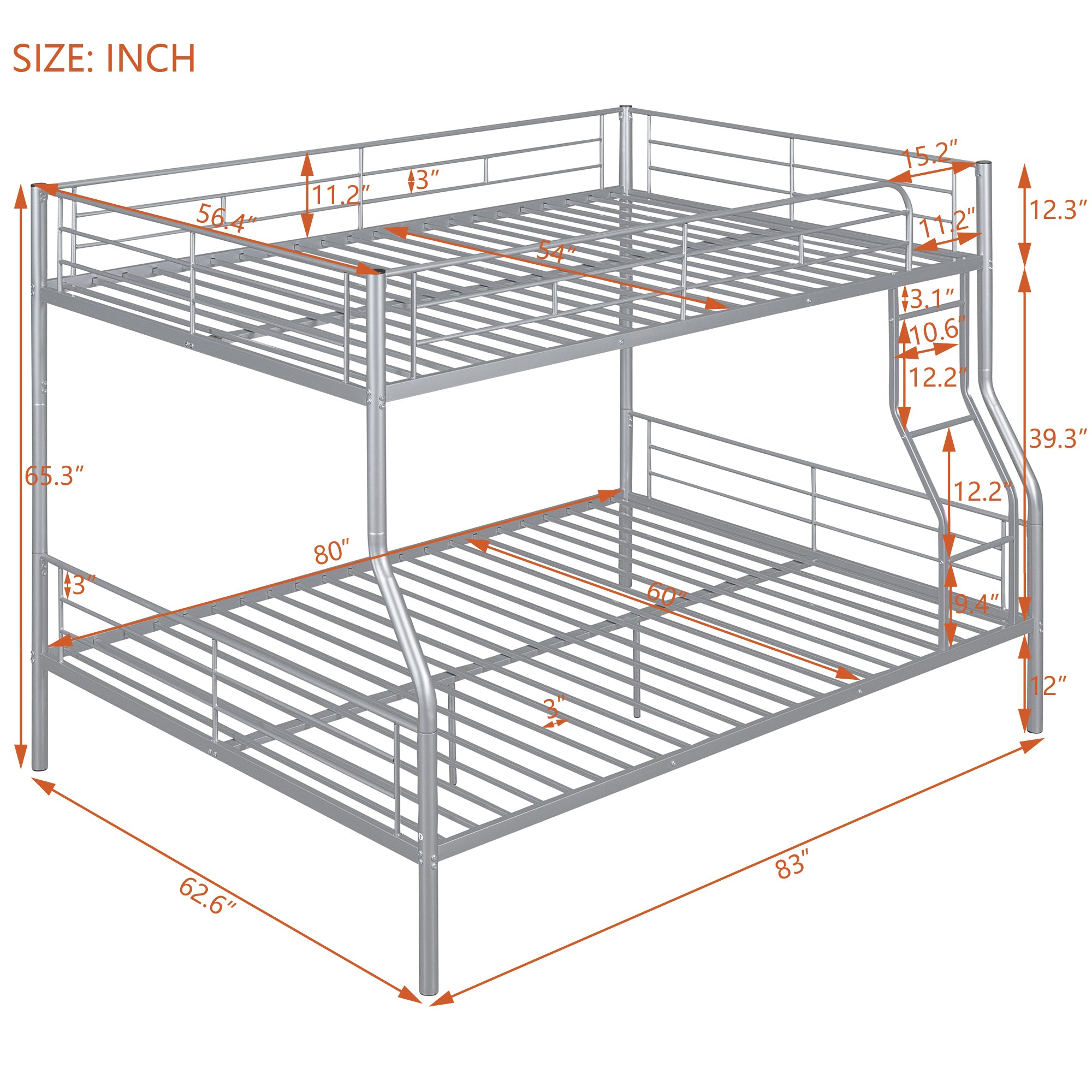 Full XL Over Queen Metal Bunk Bed, Sliver