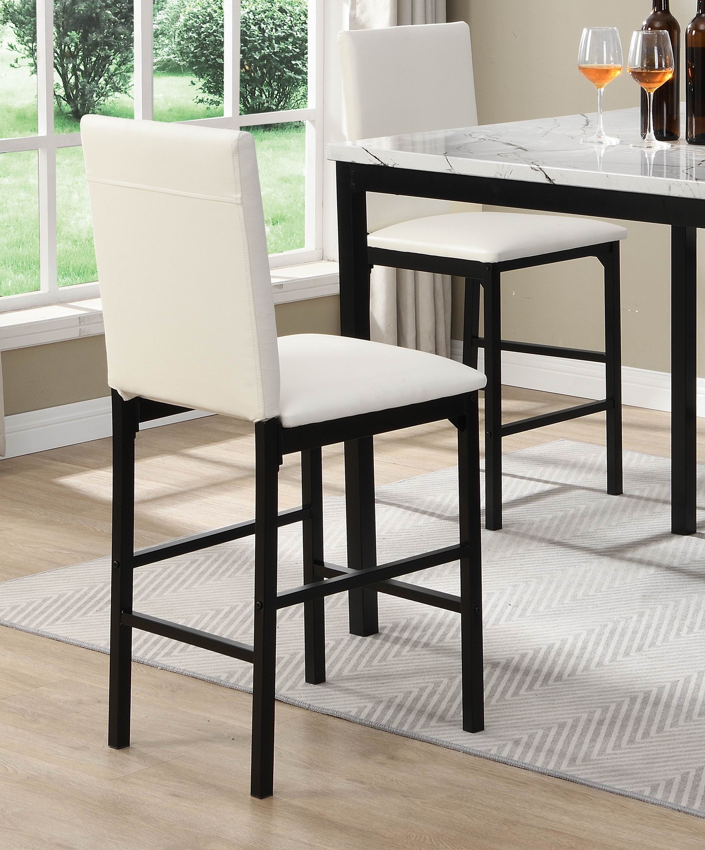 White Counter Height Chairs 4pc Set Black Metal Frame Casual Dining Room Furniture Faux Leather Upholstered