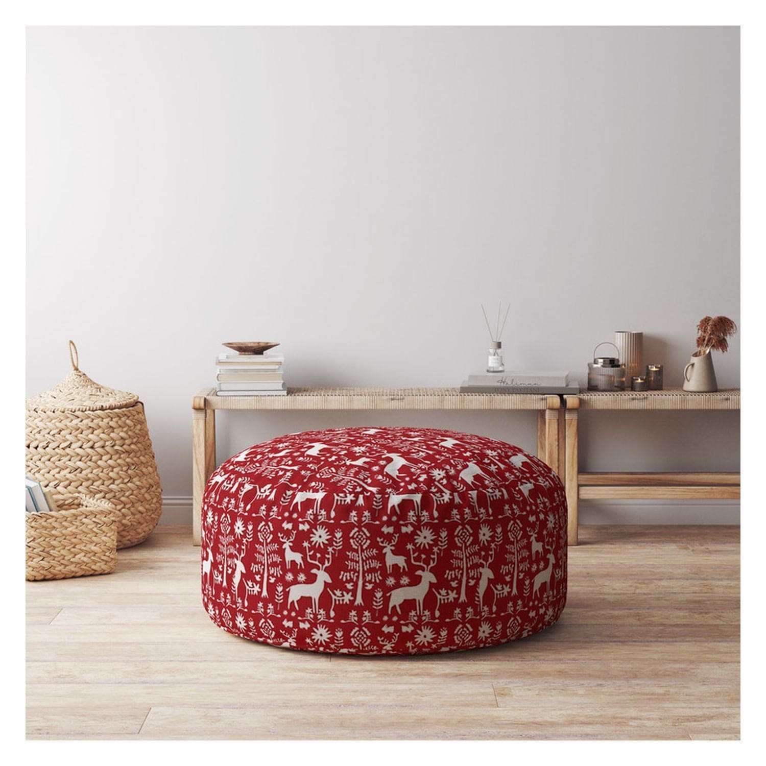 Indoor WONDERLAND Bright Red Round Zipper Pouf - Stuffed - Extra Beads Included! - 24in dia x 20in tall