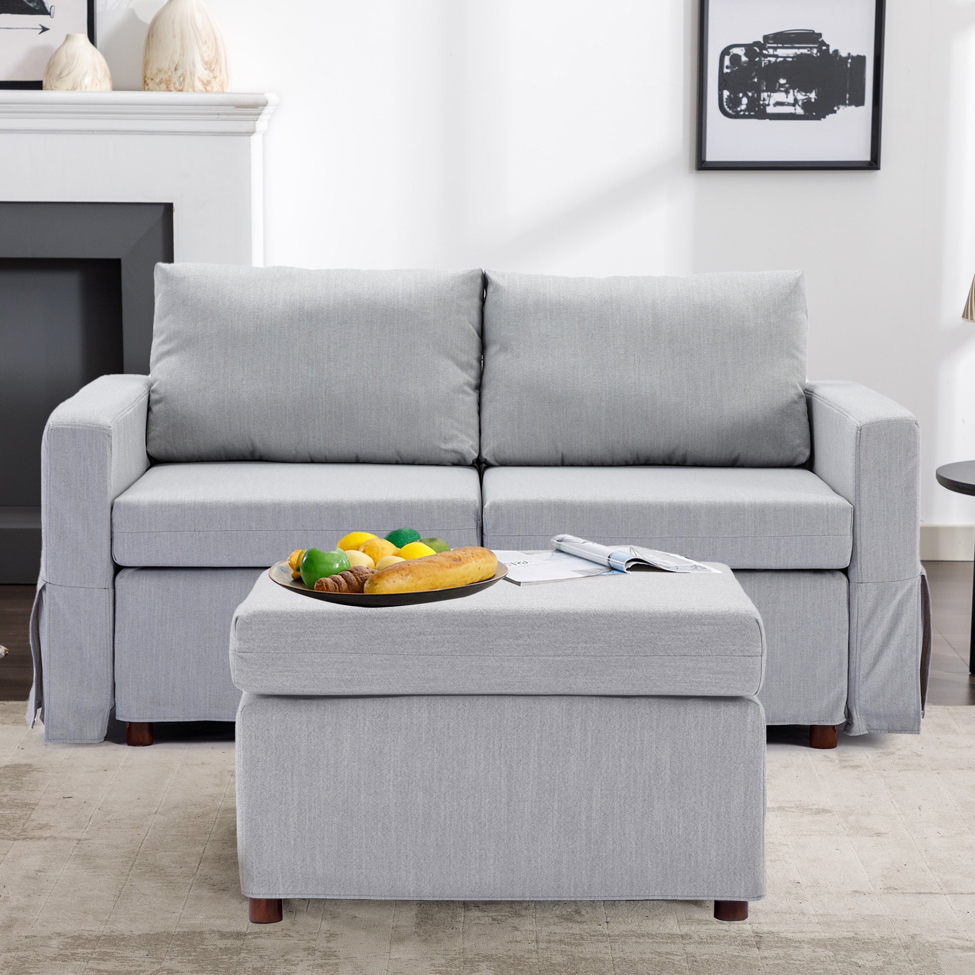 2 Seat Module Sectional Sofa Couch With 1 Ottoman,Seat Cushion and Back Cushion Removable and Washable,Light Grey